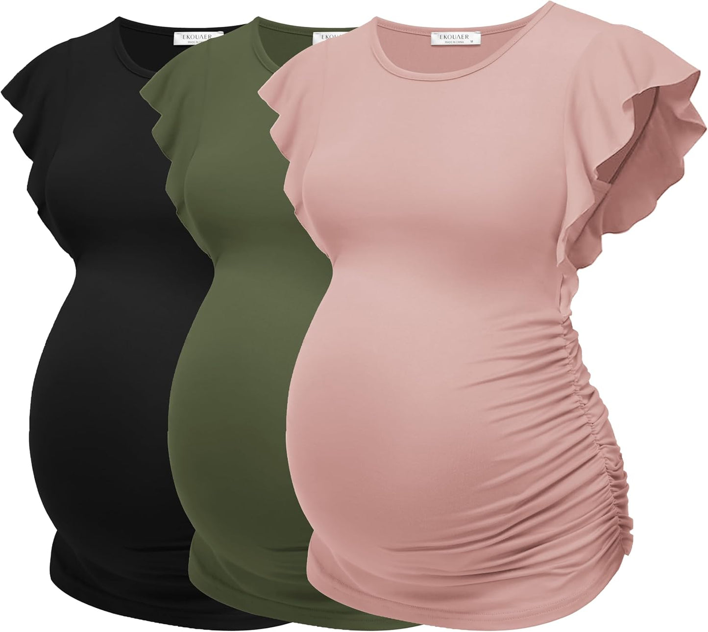 Ekouaer Women'S Maternity Shirts 3 Packs Flying Short Sleeve Pregnancy Tops Side Ruched Tunic Blouse Mama Clothes S-XXL