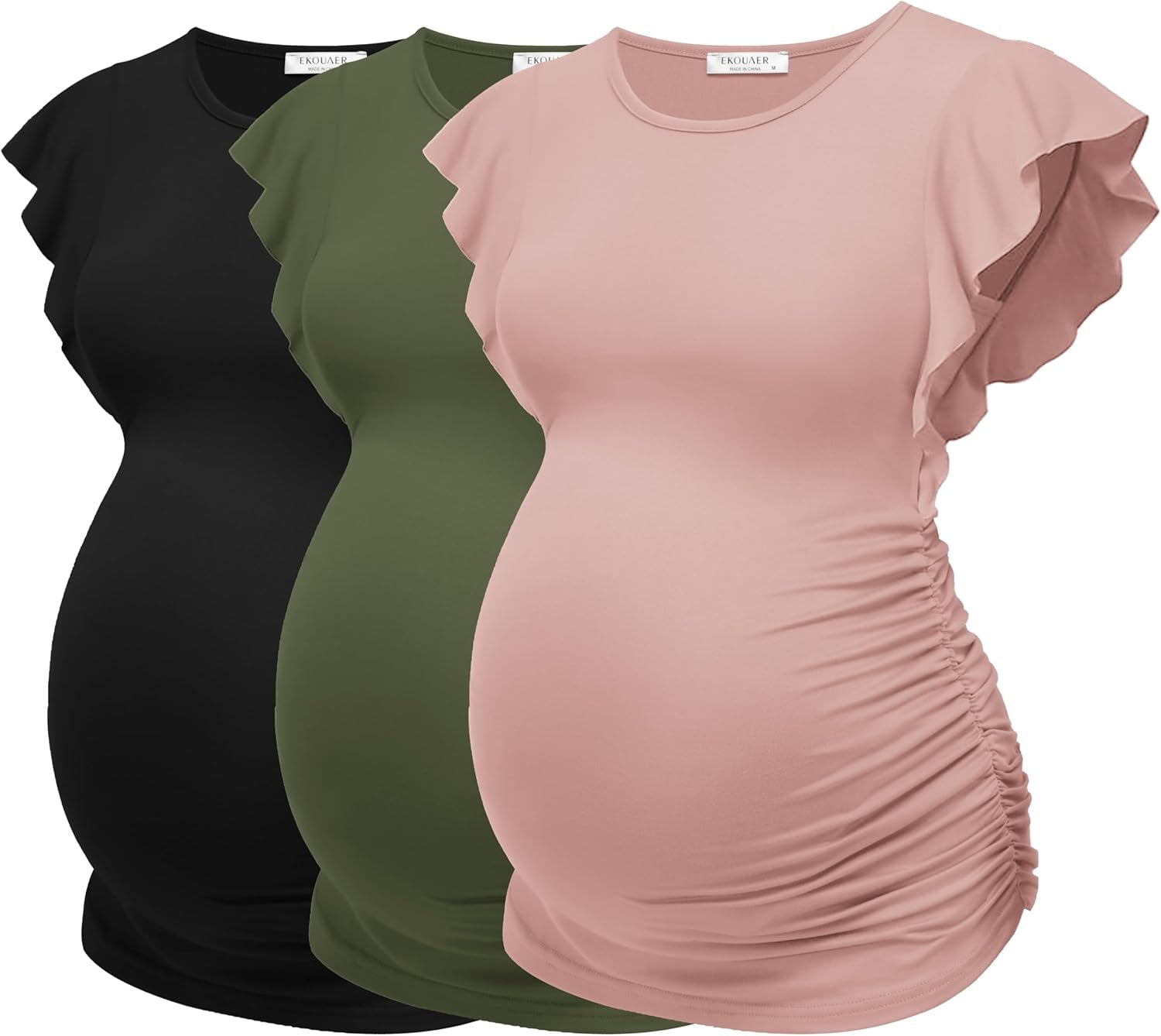 Ekouaer Women'S Maternity Shirts 3 Packs Flying Short Sleeve Pregnancy Tops Side Ruched Tunic Blouse Mama Clothes S-XXL