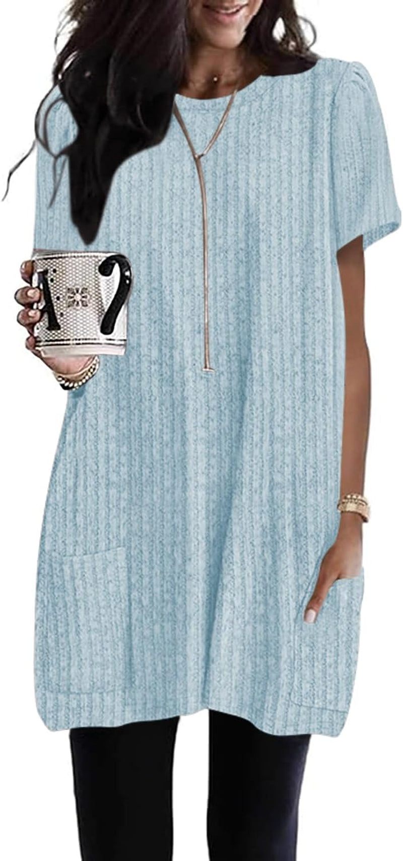 Naggoo Summer Womens Tunic Tops for Leggings with Pockets Loose Fit Short Sleeve Casual Long T Shirts