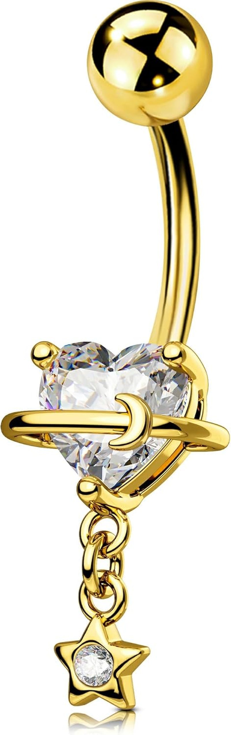 OUFER Dangle Belly Button Rings, 316L Surgical Steel Belly Rings for Women, 14G Heart Navel Piercing Jewelry, Star Dangling Clear CZ Curved Barbells Silver/Gold 10MM