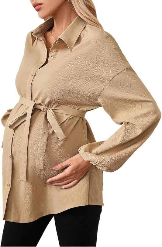Makemechic Women'S Maternity Shirts Long Sleeve Belted Button down Casual Pregnancy Blouse Tops