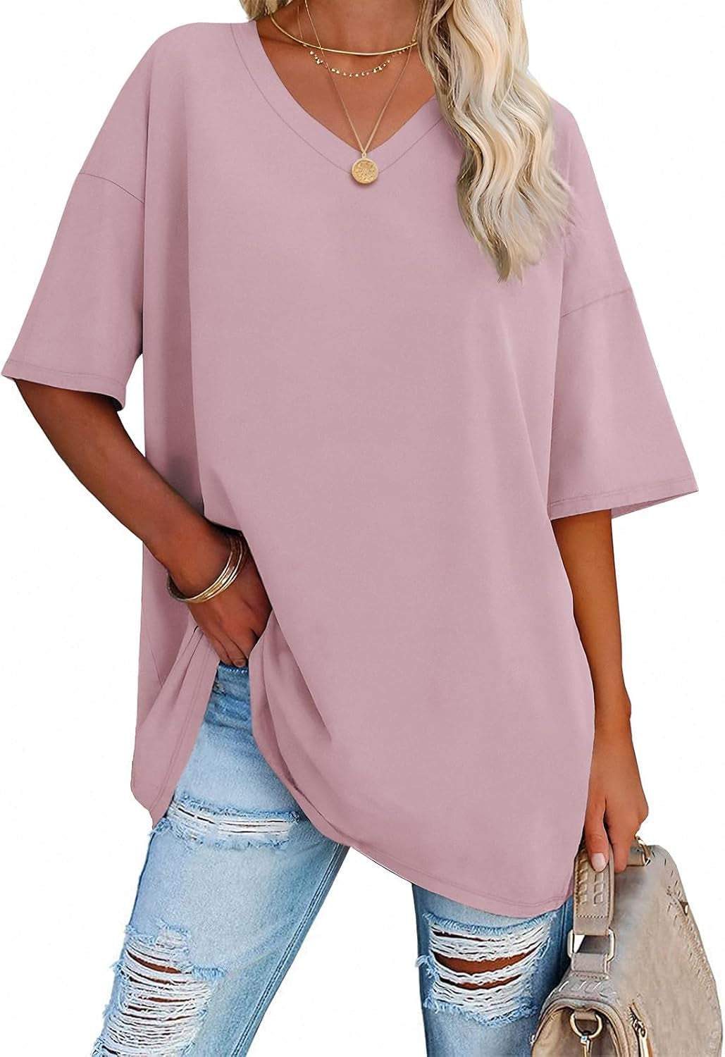 ATHMILE Womens Summer Oversized Shirts V Neck Business Casual Workout Tops Beach Vacation 2025 Gym Clothes