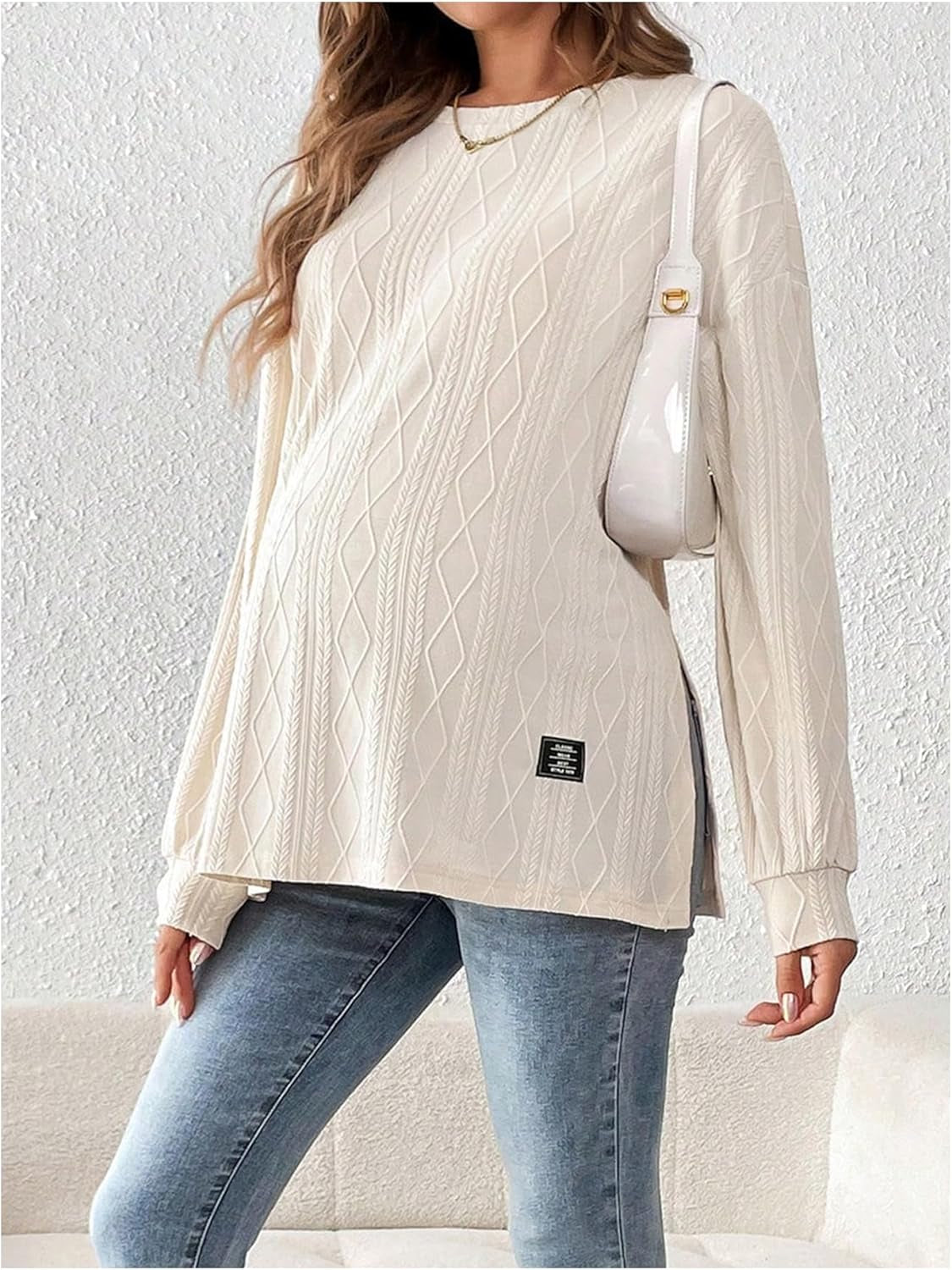 Makemechic Women'S Maternity Tee Shirts Textured Long Sleeve round Neck Slit Hem Pregnancy Tops
