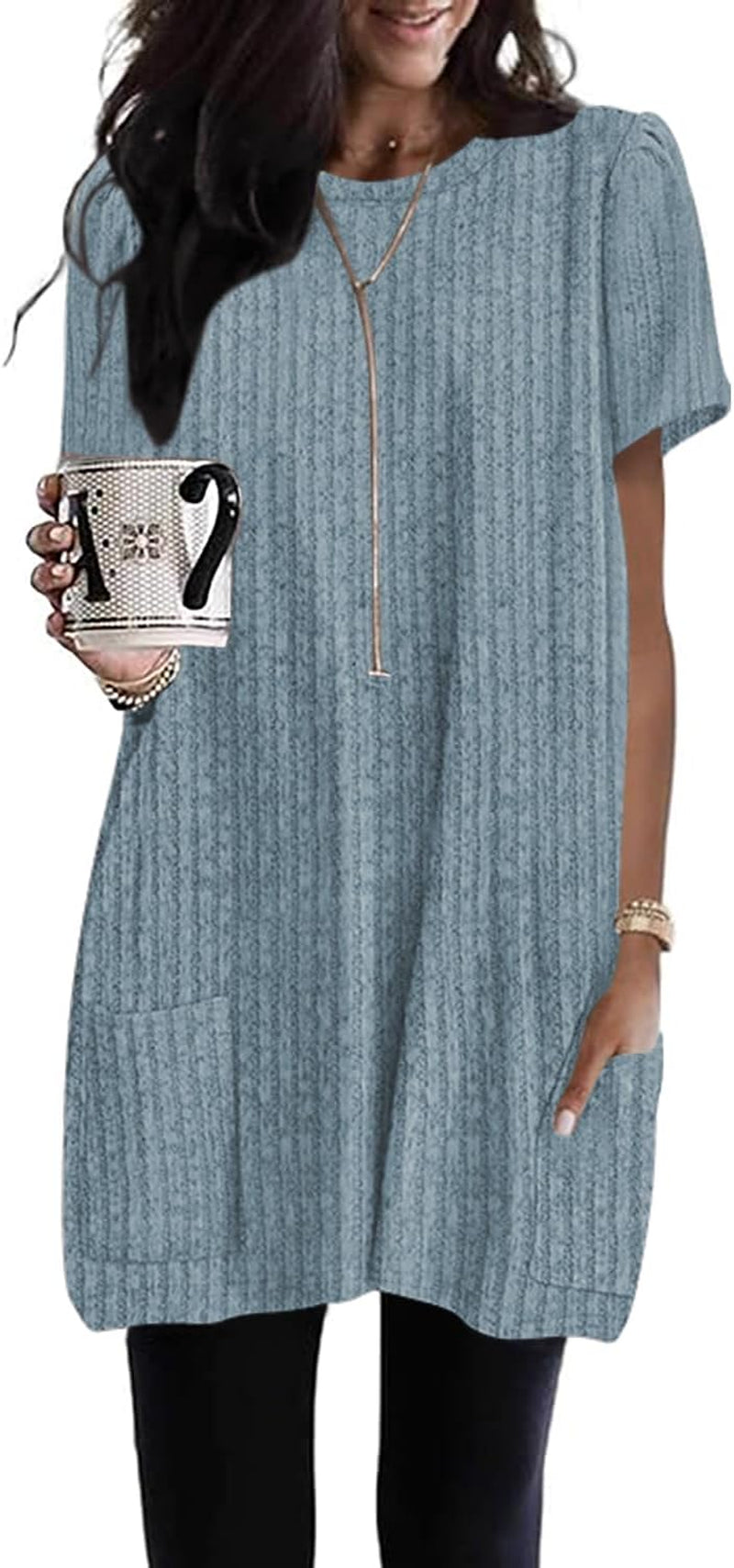 Naggoo Summer Womens Tunic Tops for Leggings with Pockets Loose Fit Short Sleeve Casual Long T Shirts