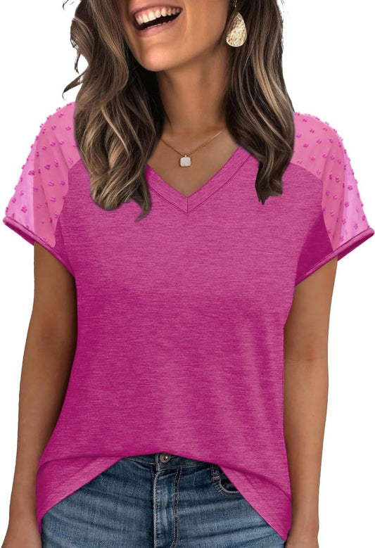 WIHOLL Summer Tops for Women V Neck T-Shirts Swiss Dot Short Sleeve Shirts Casual Fashion Blouses