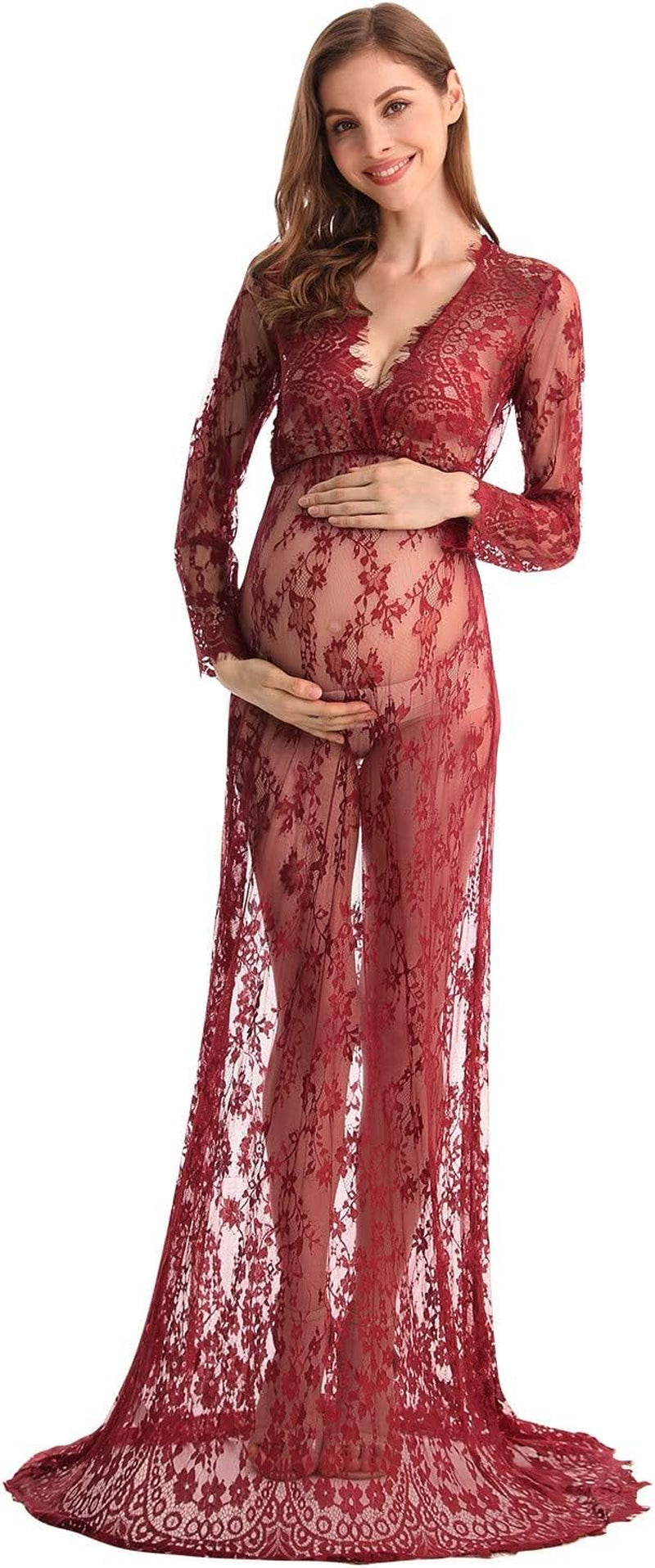 MYRISAM Boudoir Maternity Long Sleeve Lace Dress Women Deep V-Neck Wedding Party Long Dress Milk Bath Photoshoot Gown