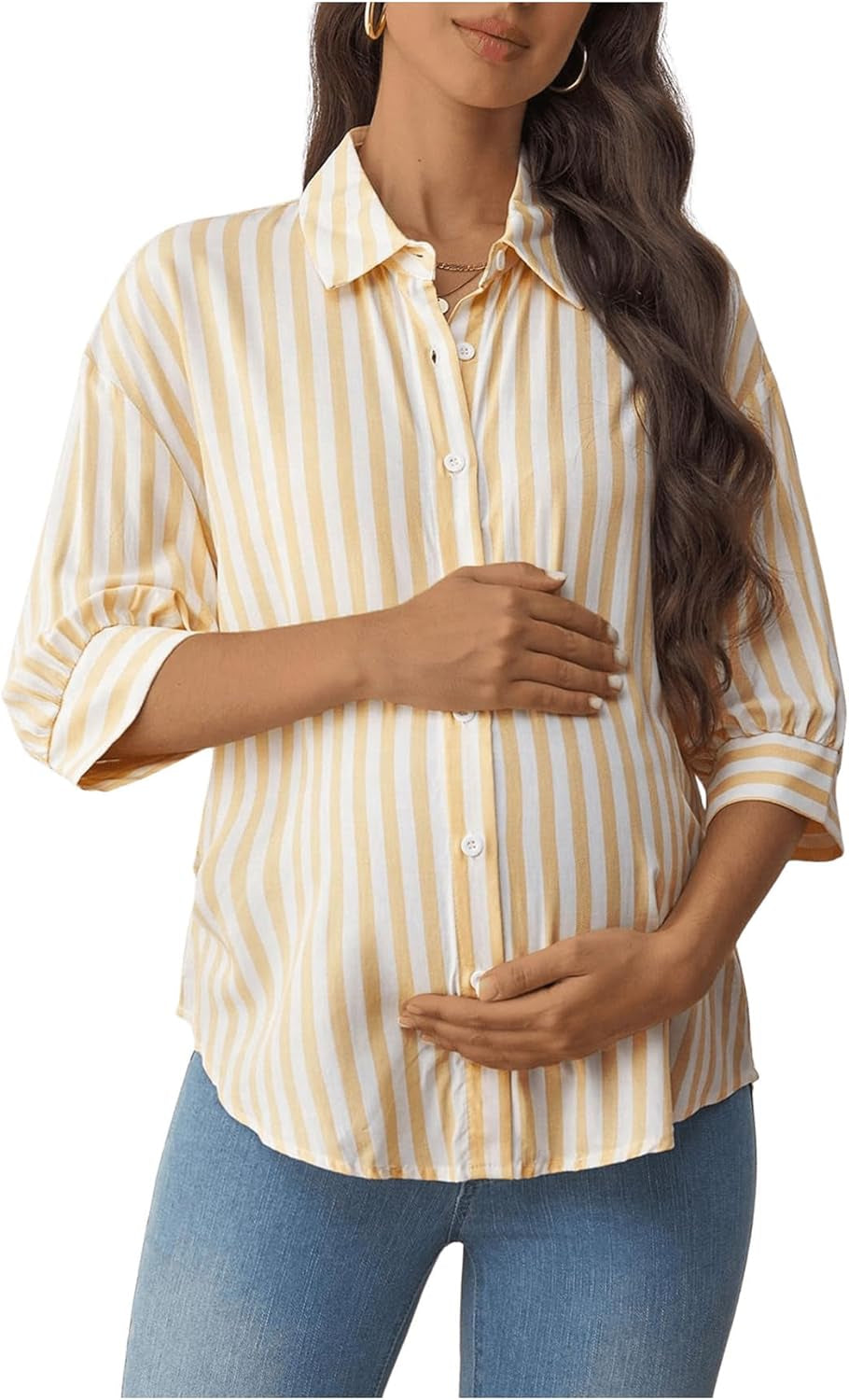 Makemechic Women'S Maternity Shirts Blouses Striped Button down 3/4 Sleeve Pregnancy Nursing Top