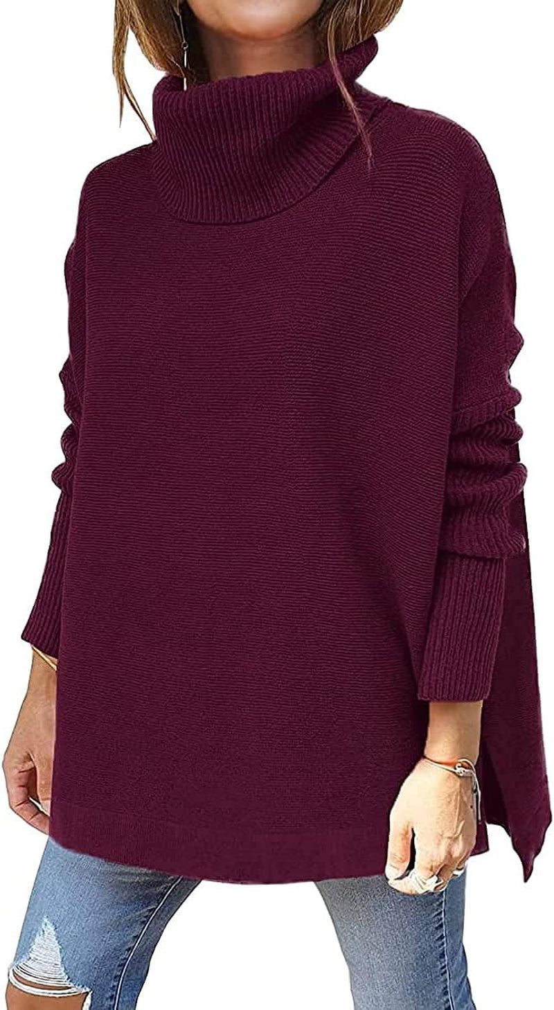 LILLUSORY Women'S Turtleneck Oversized Sweaters Long Batwing Sleeve Spilt Hem Tunic Pullover Knit Tops