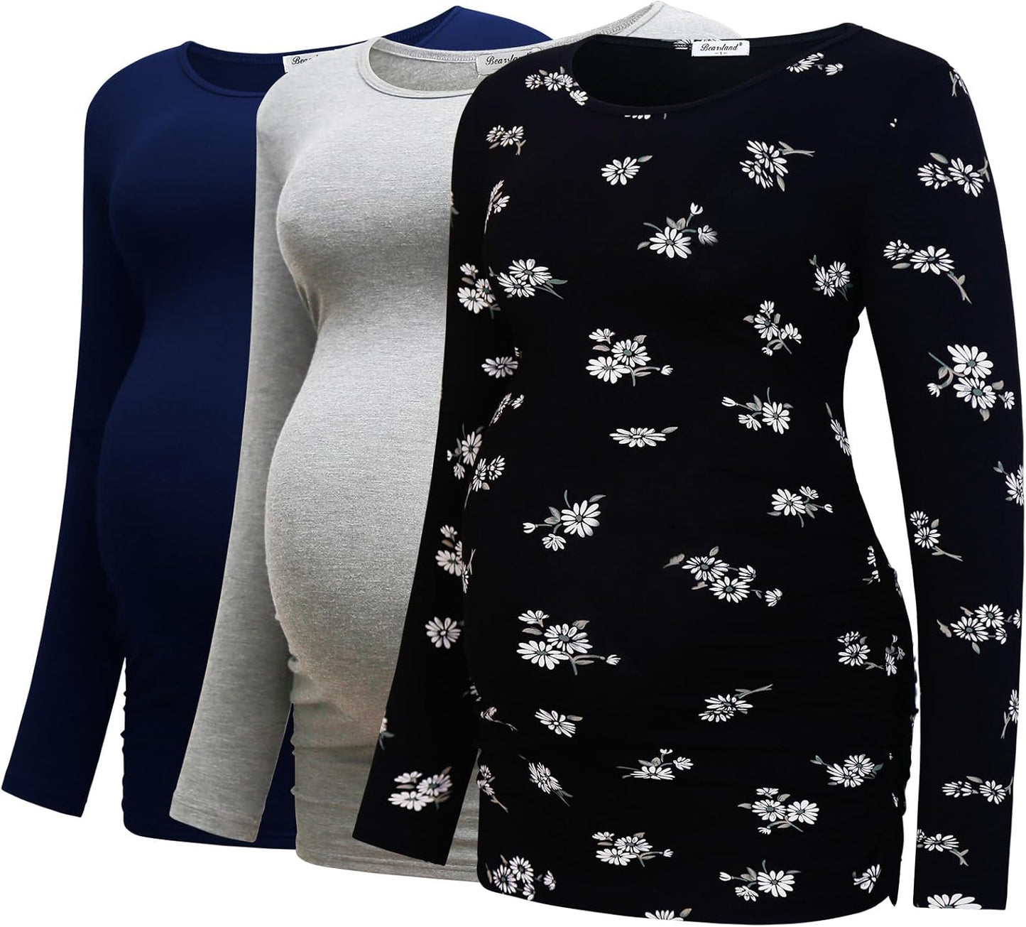 Bearsland Womens Maternity Long Sleeve Tshirt 3 Packs Classic Side Ruched Tee Top Mama Pregnancy Clothes