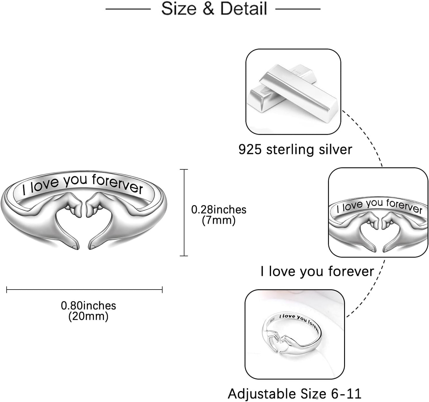 Sterling silver heart hands ring symbolizing love and friendship