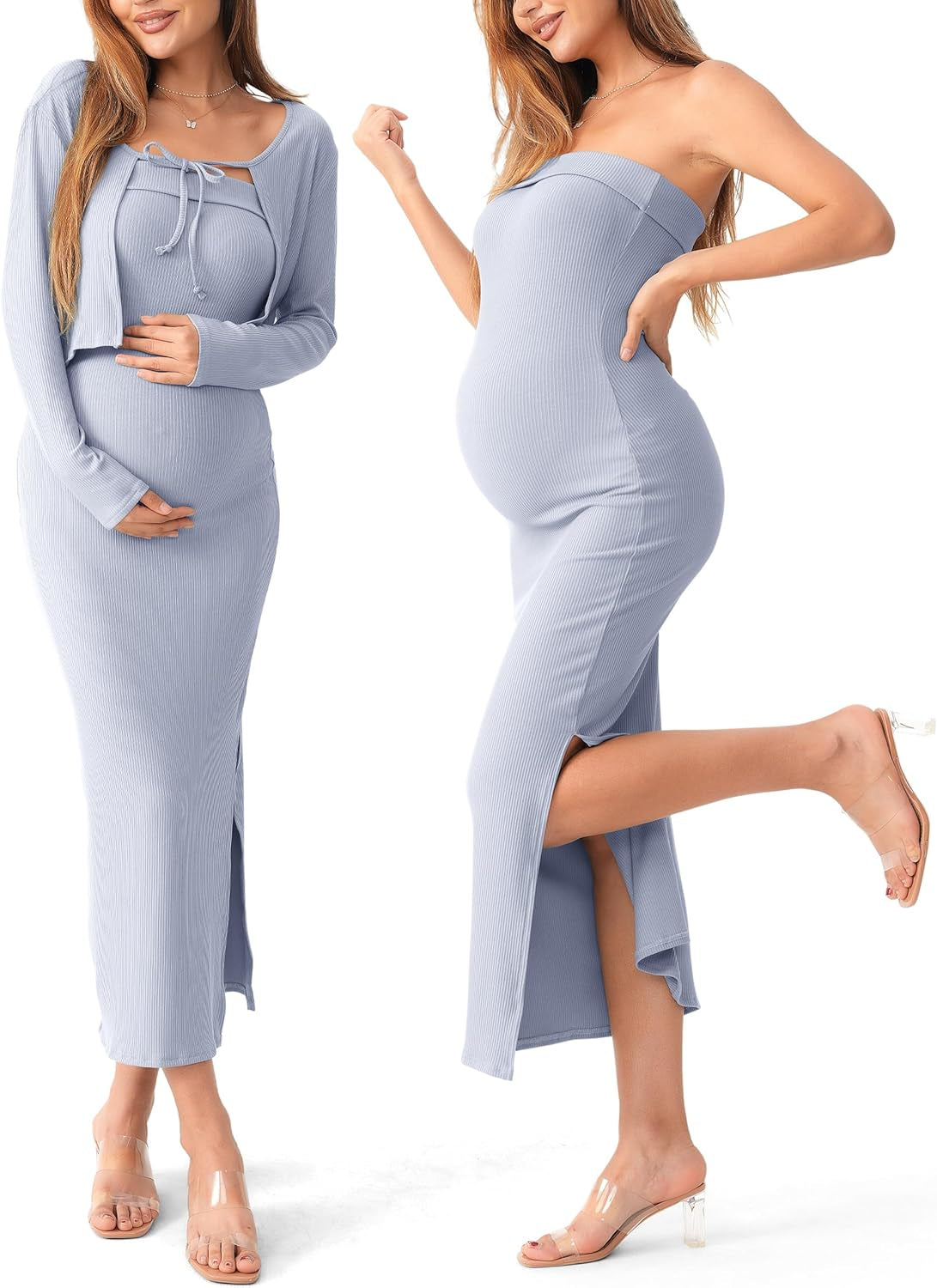 SUNNYBUY Baby Shower Maternity Tube Dress Short Cardigan Bodycon Ribbed Maxi Dress Casual 2 Piece Pregnancy Outfit Set