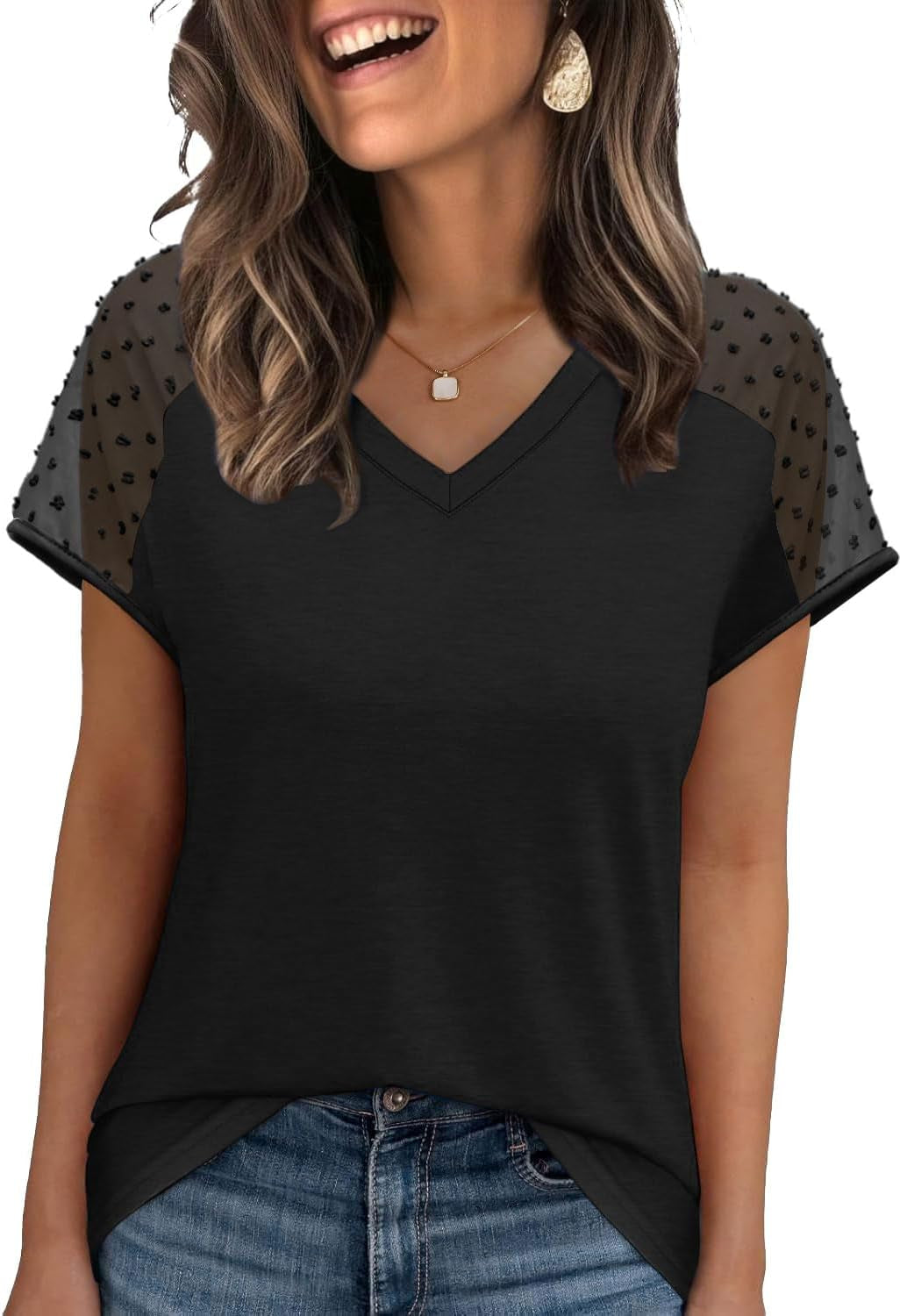 WIHOLL Summer Tops for Women V Neck T-Shirts Swiss Dot Short Sleeve Shirts Casual Fashion Blouses