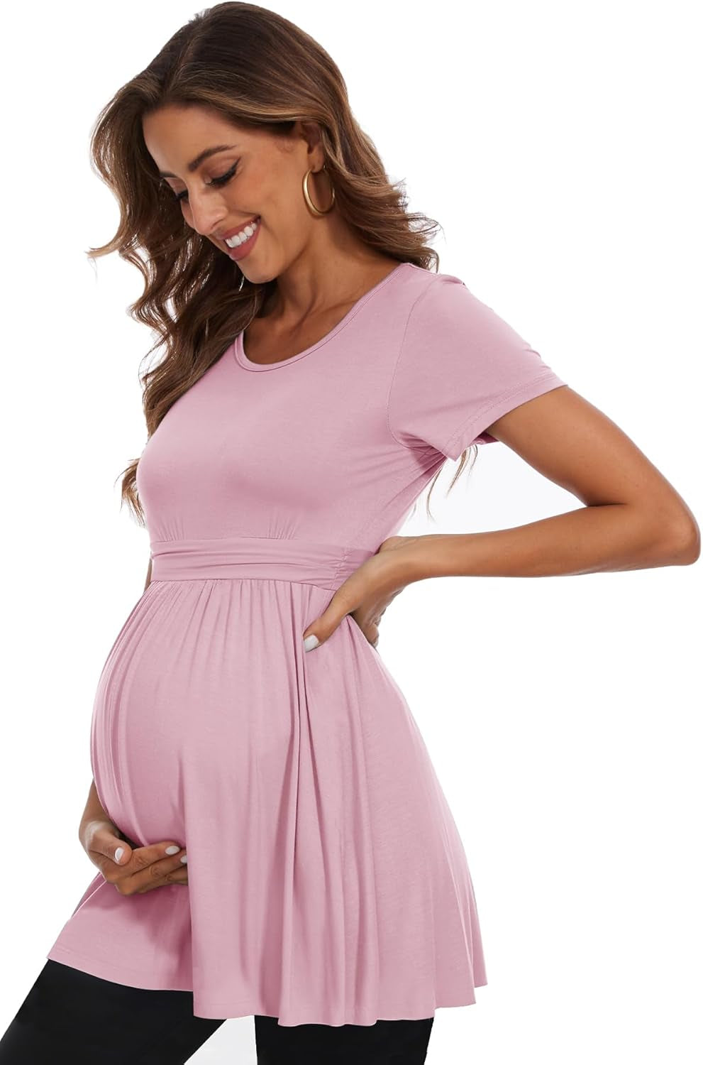Women'S Maternity Tops Short & Long Sleeve Pleated Waist Shirts Pregnancy Clothes