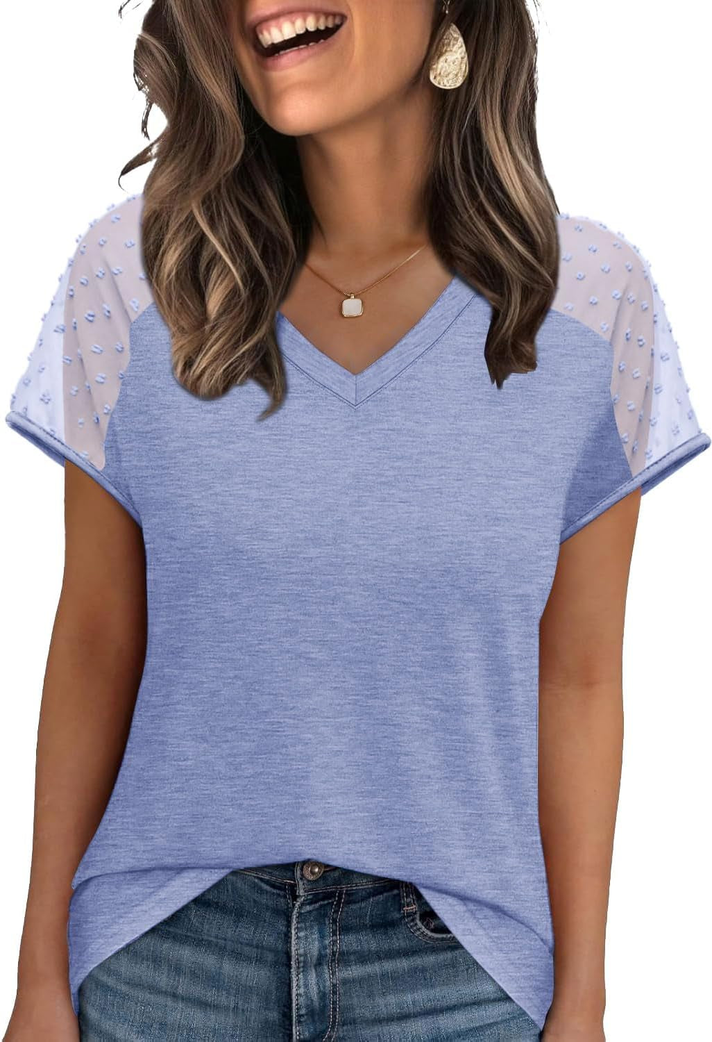 WIHOLL Summer Tops for Women V Neck T-Shirts Swiss Dot Short Sleeve Shirts Casual Fashion Blouses