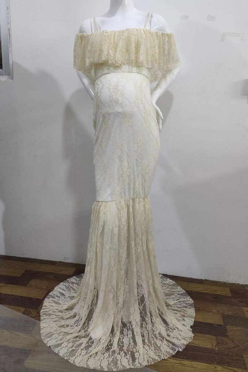 MYRISAM Women Maternity Lace Mermaid Gown off Shoulder Ruffle Slim Fitted Photo Shoot Wedding Party Prom Baby Shower Dress