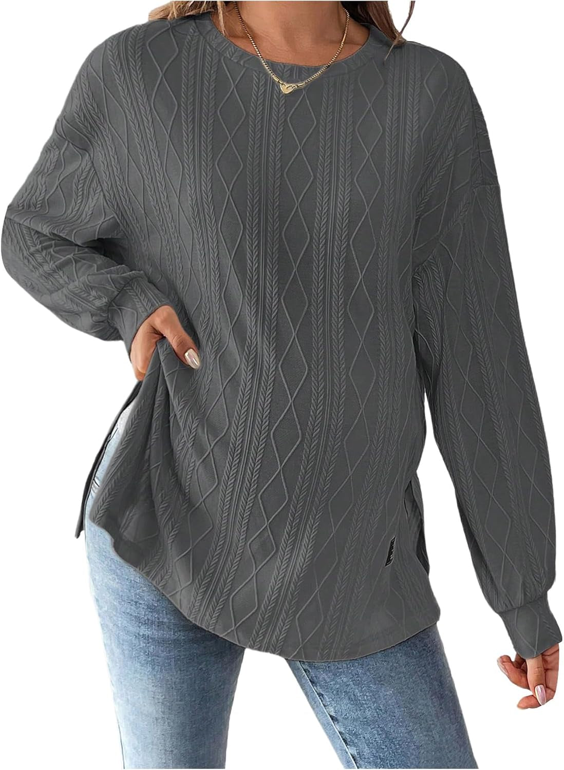 Makemechic Women'S Maternity Tee Shirts Textured Long Sleeve round Neck Slit Hem Pregnancy Tops