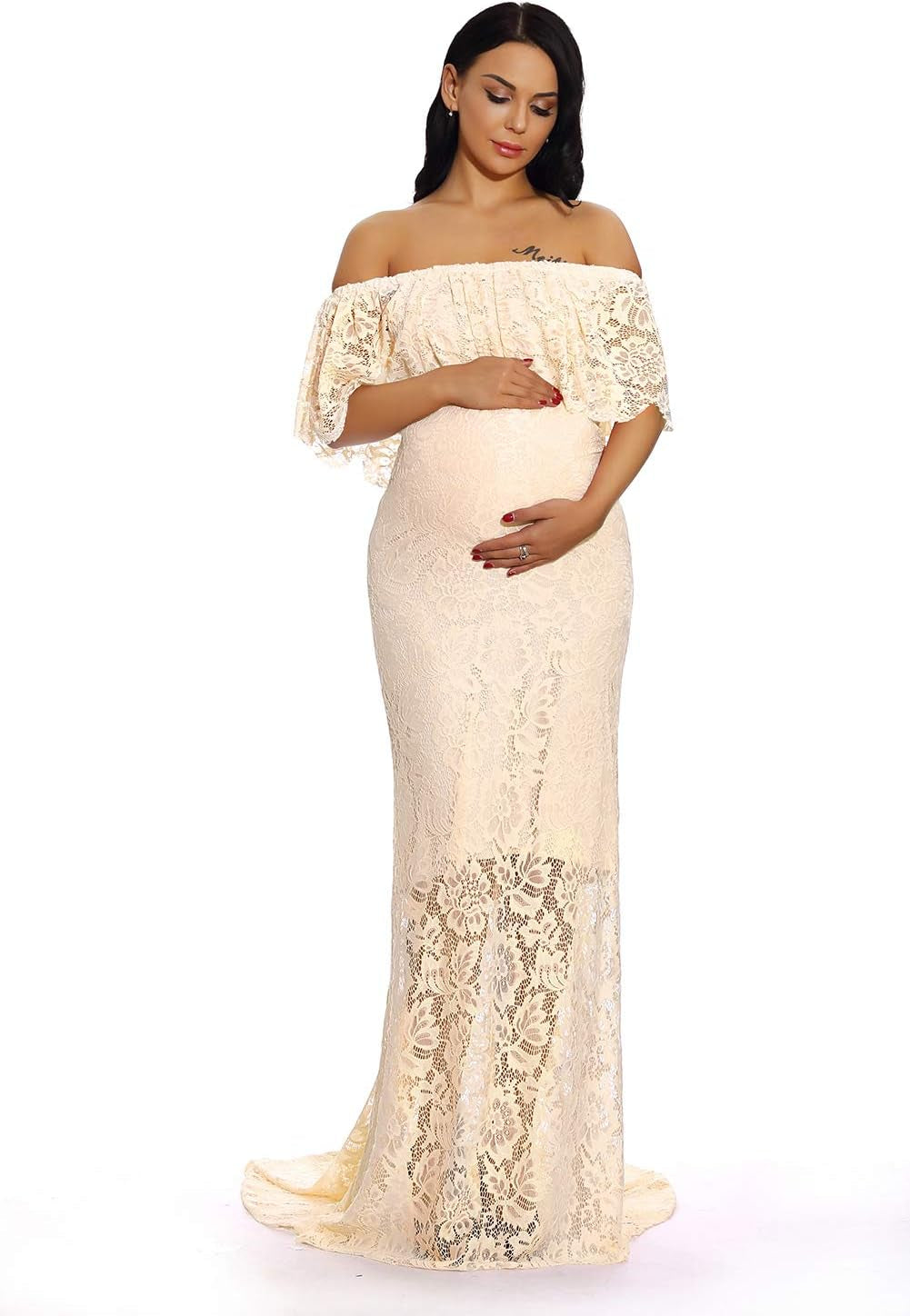 ZIUMUDY Women'S off Shoulder Ruffles Lace Maternity Gown Maxi Photography Baby Shower Dress