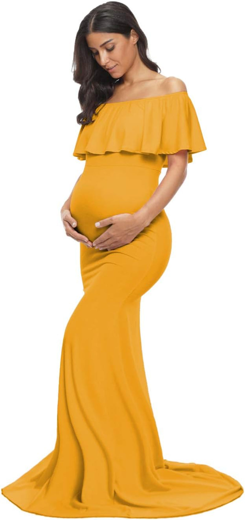 Glampunch Womens off Shoulder Maternity Dress Ruffles Elegant Slim Gowns Fit Maxi Photography Dress