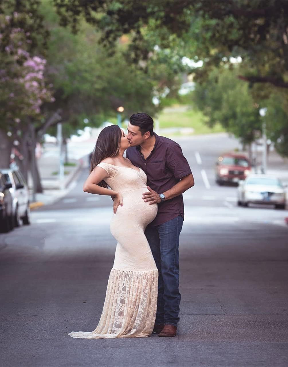 ZIUMUDY Womens off Shoulder Short Sleeve V Neck Lace Maternity Gown Maxi Photography Dress