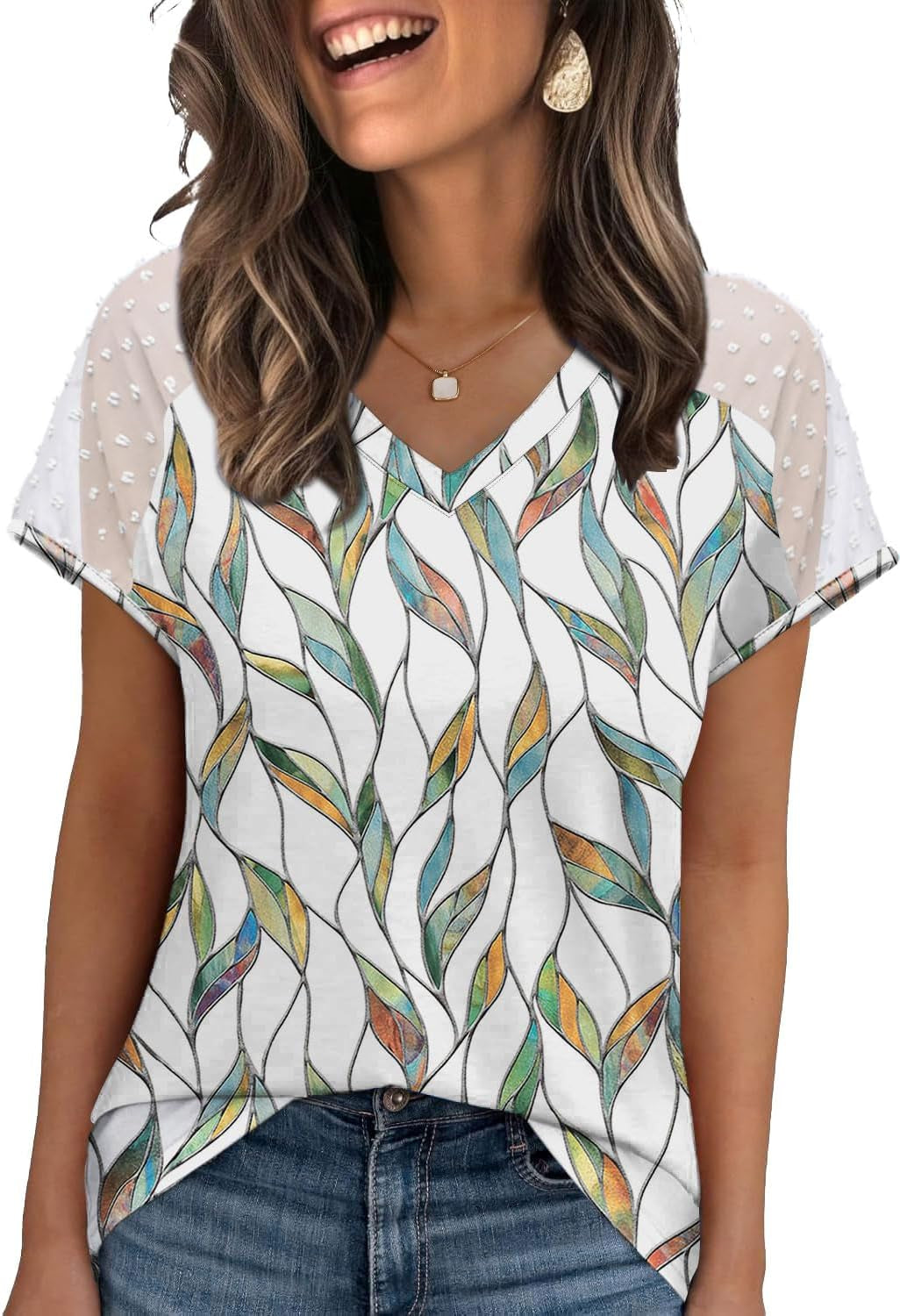 WIHOLL Summer Tops for Women V Neck T-Shirts Swiss Dot Short Sleeve Shirts Casual Fashion Blouses