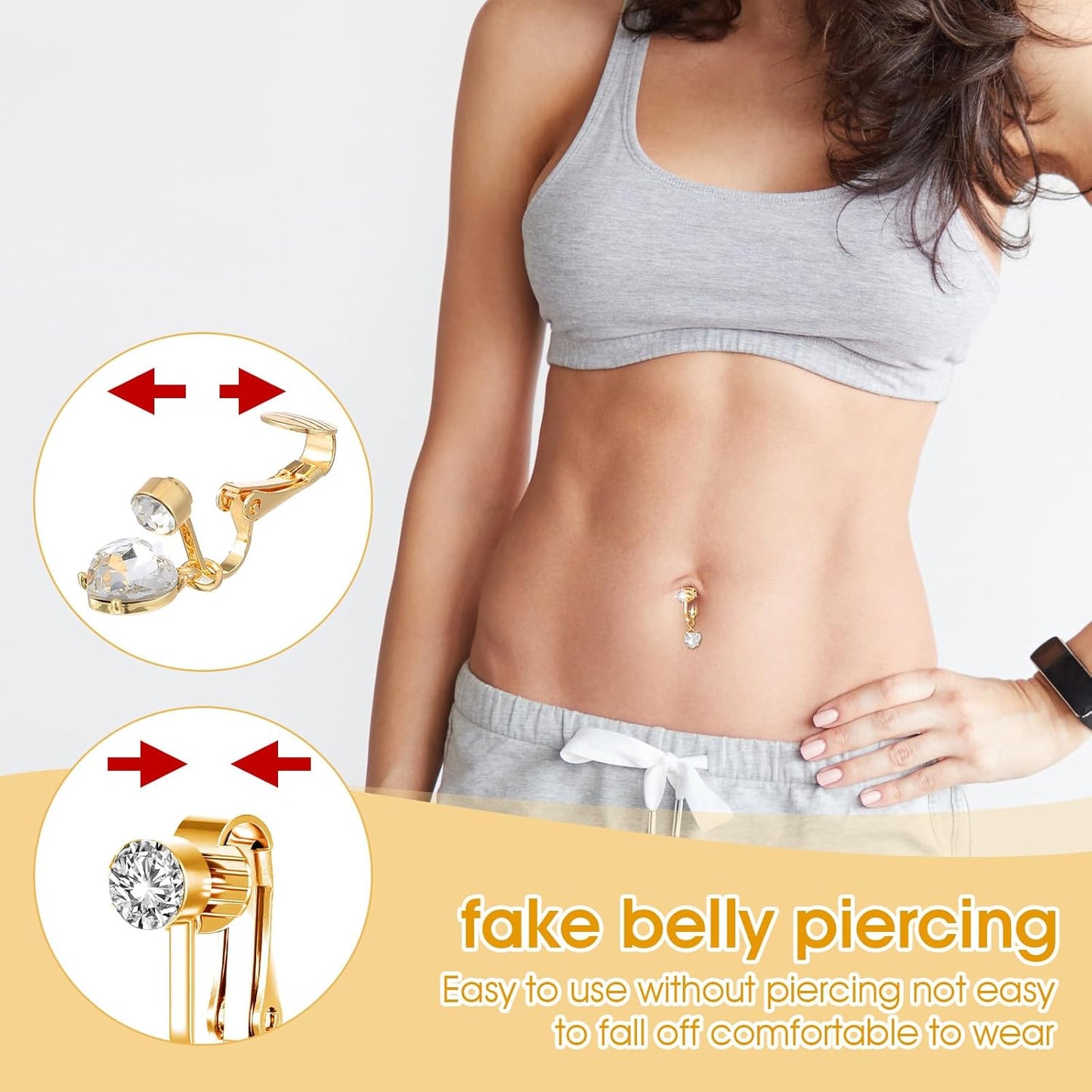 2Pcs Gold Clip on Fake Belly Button Piercing for Women - Crystal Butterfly Heart Shaped Non Piercing Belly Button Jewelry