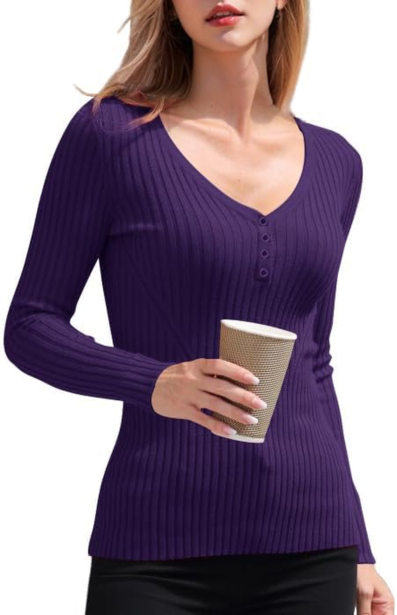 V28 Women Tops Long Sleeve V Neck Henley Button up Casual Sexy Slim Fit Ribbed Knit Knitwear Pullover Sweater
