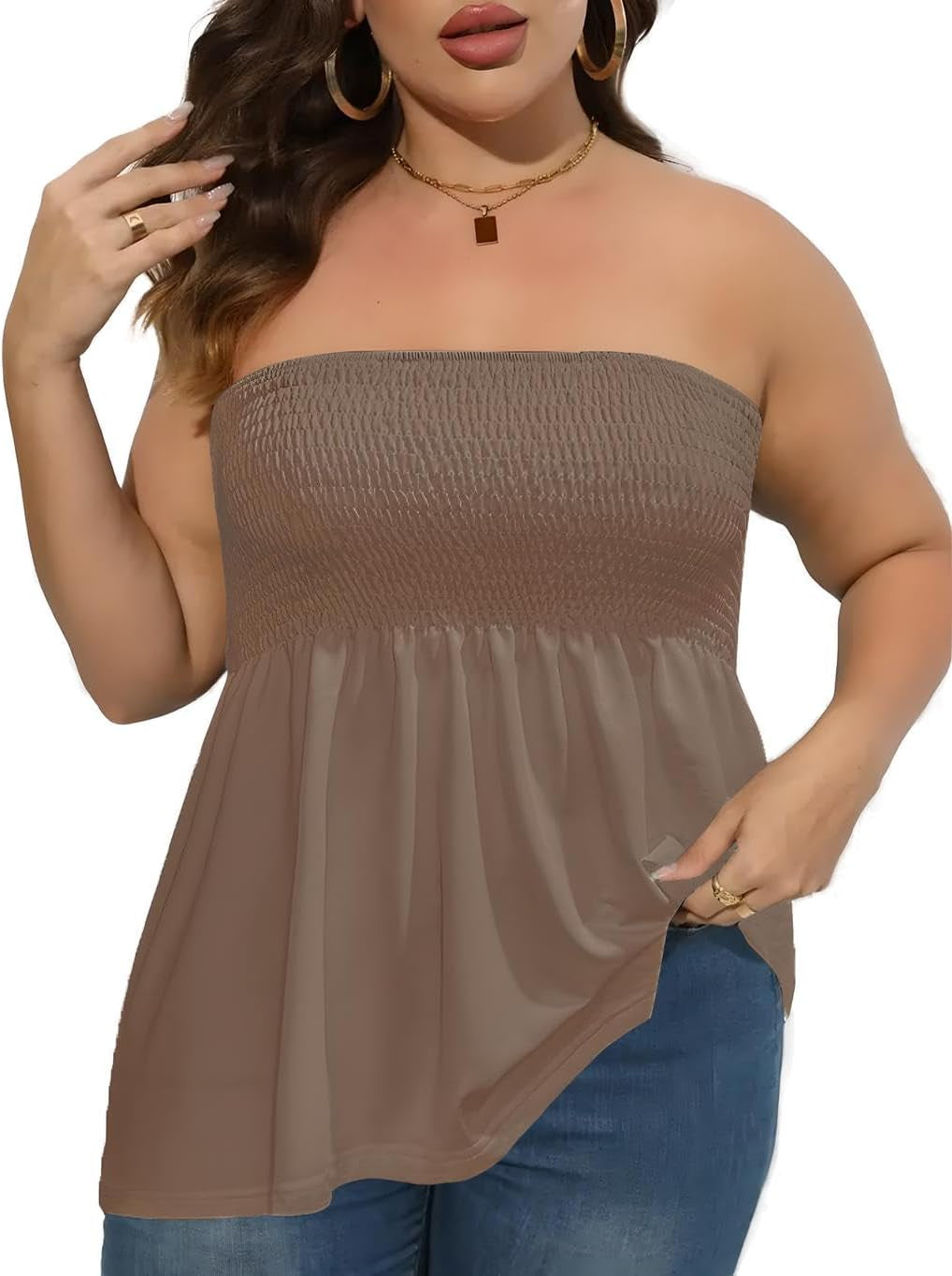 Comeon Women'S plus Size Tube Tops Strapless Blouse Pleated Sleeveless Stretchy Sleeveless Flare Hem Tube