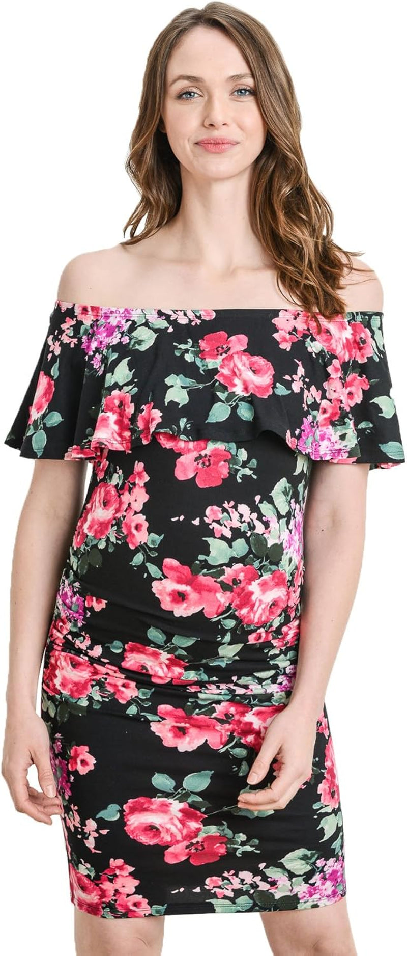 Hello MIZ Women'S Floral Ruffle off Shoulder Maternity Dress - Made in USA