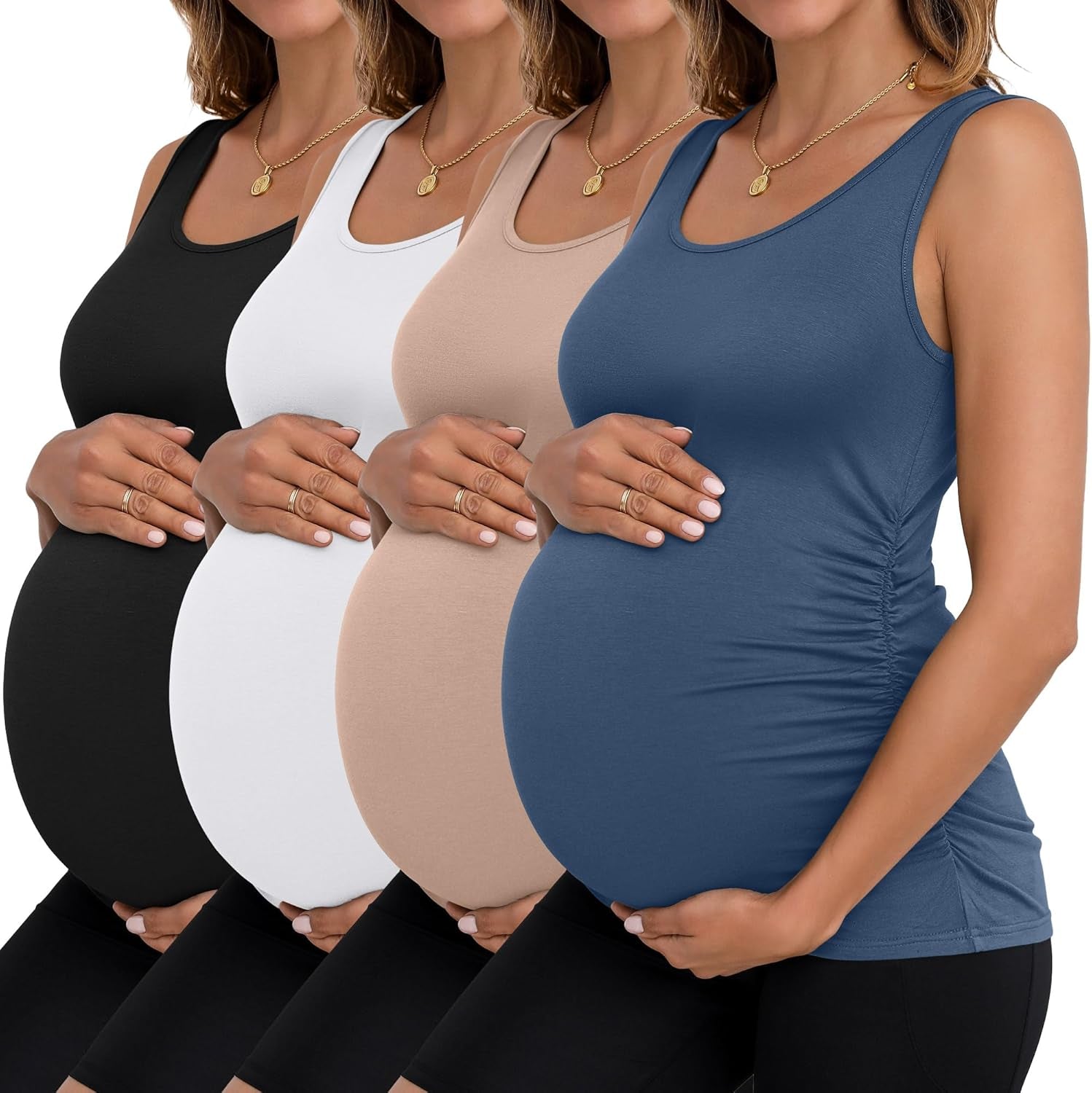 Ficerd 4 Pack Women'S Maternity Tank Tops Sleeveless Side Ruched Top Crew Neck Casual Pregnancy T-Shirts Summer Basic