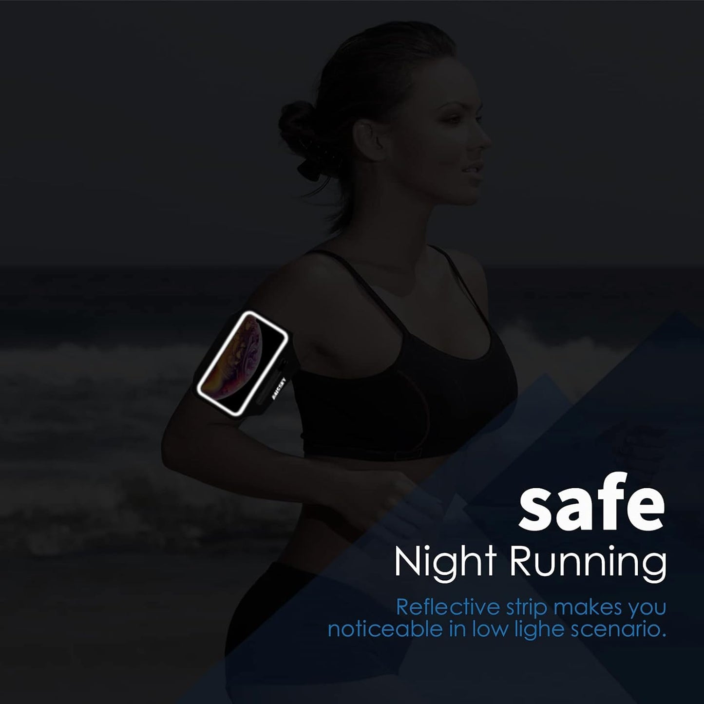 Water-resistant material detail on black running phone armband