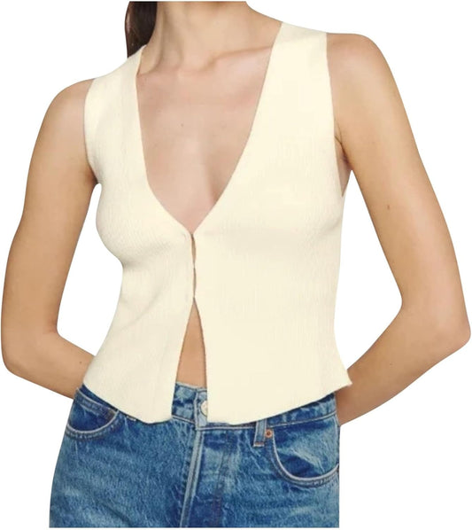 Hgps8W Women'S Sexy V Neck Sweater Vest Solid Casual Slim Fit Sleeveless Knitwear Tops Teen Girls Chic Streetwear