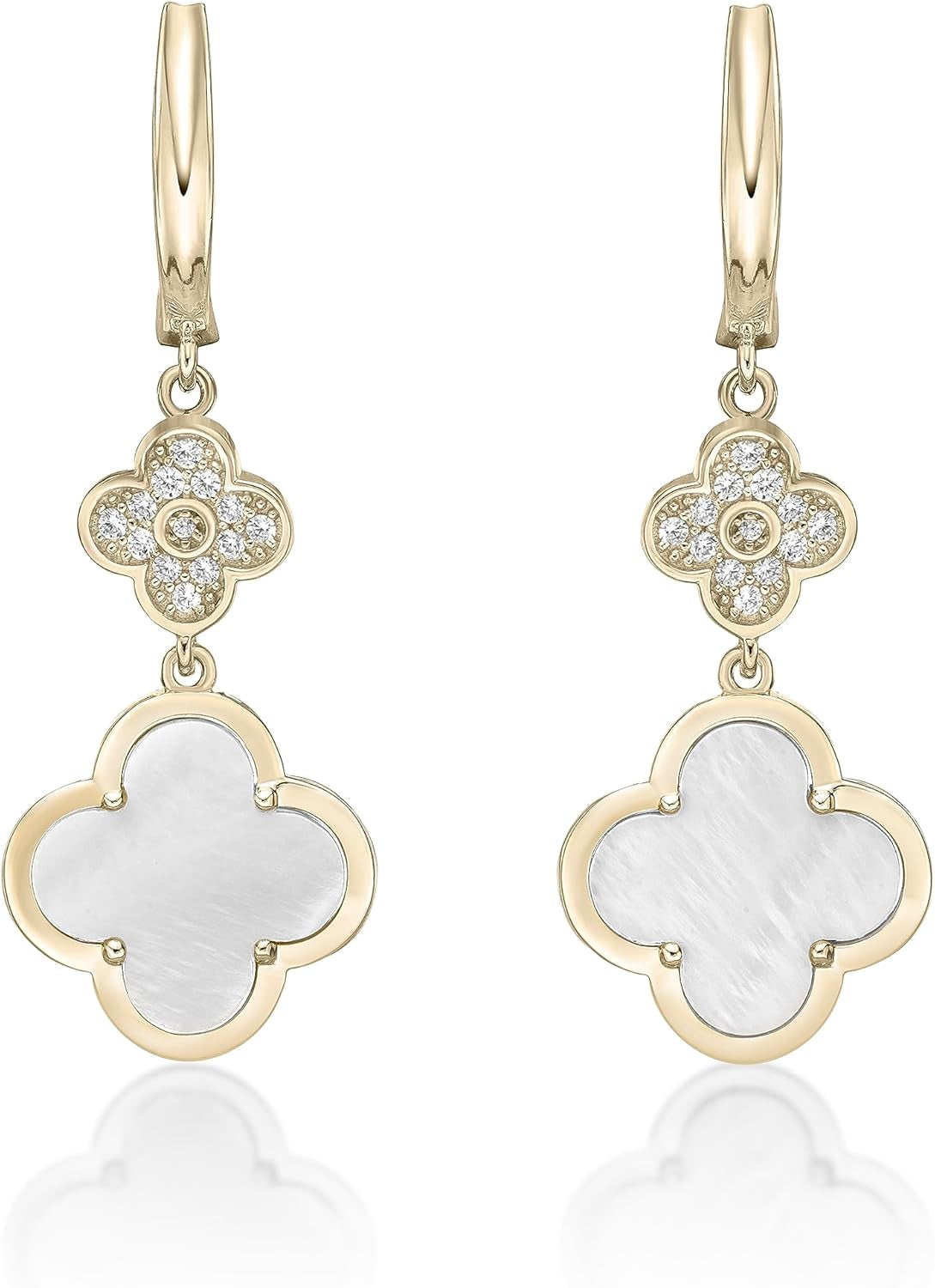 Lavari Jewelers Flower Dangle Drop Earrings for Women - Black Onyx Green Malachite or Mother of Pearl & Cubic Zirconia in 925 Sterling Silver Clover - Hypoallergenic Gold Plated - Secure Hinge Post