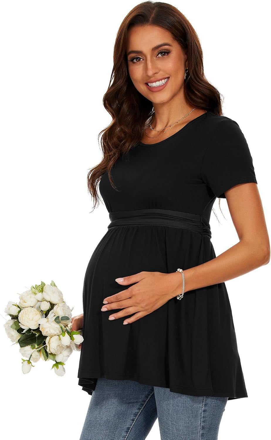 Women'S Maternity Tops Short & Long Sleeve Pleated Waist Shirts Pregnancy Clothes