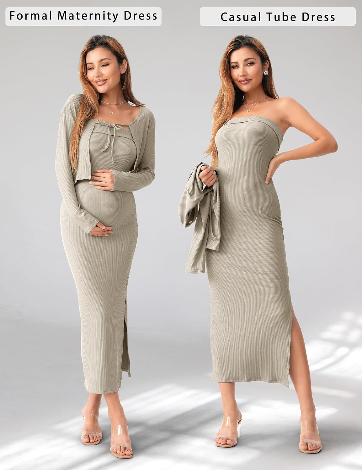 SUNNYBUY Baby Shower Maternity Tube Dress Short Cardigan Bodycon Ribbed Maxi Dress Casual 2 Piece Pregnancy Outfit Set