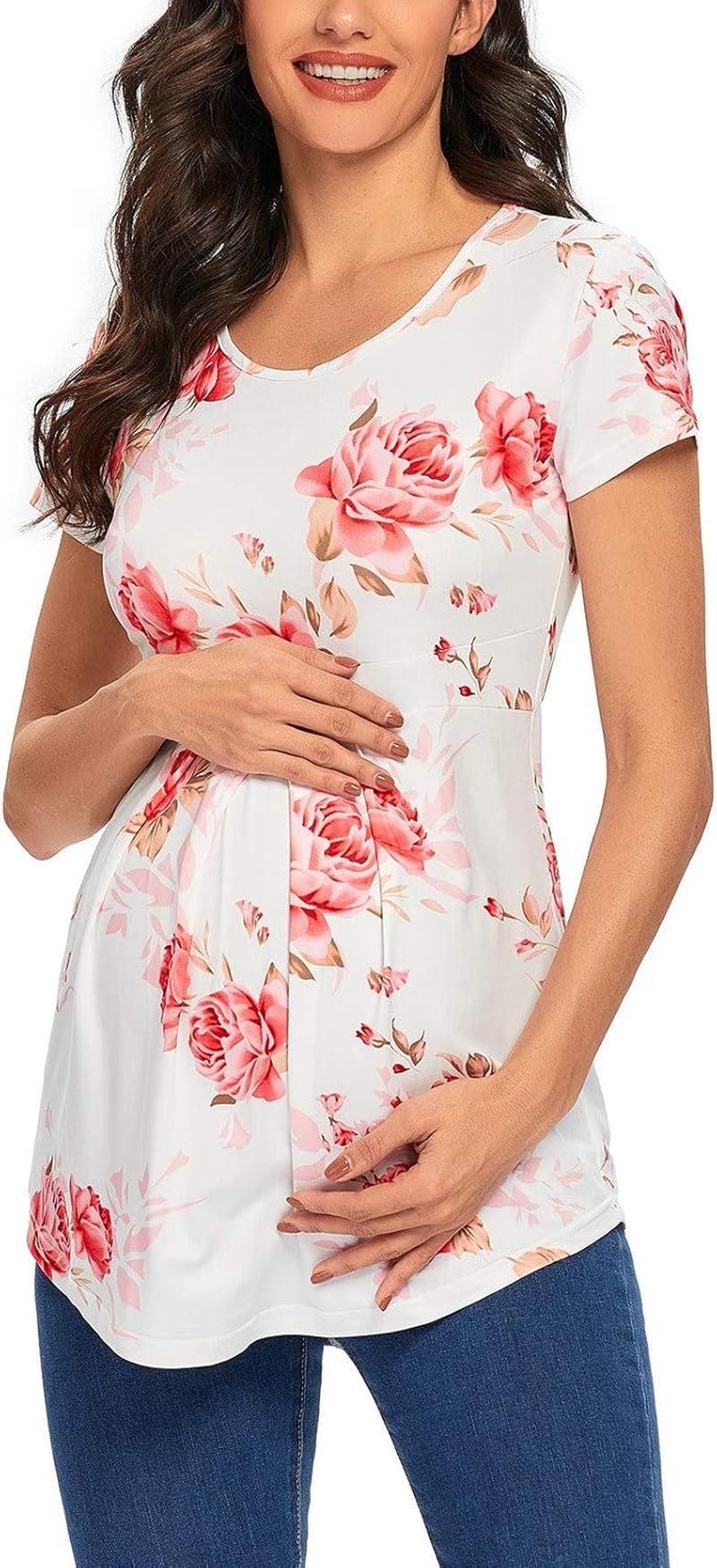 Glampunch Women'S Maternity Tops Short & 3/4 Sleeve round Neck Front Pleat Peplum Tunic Top Pregnancy Shirts