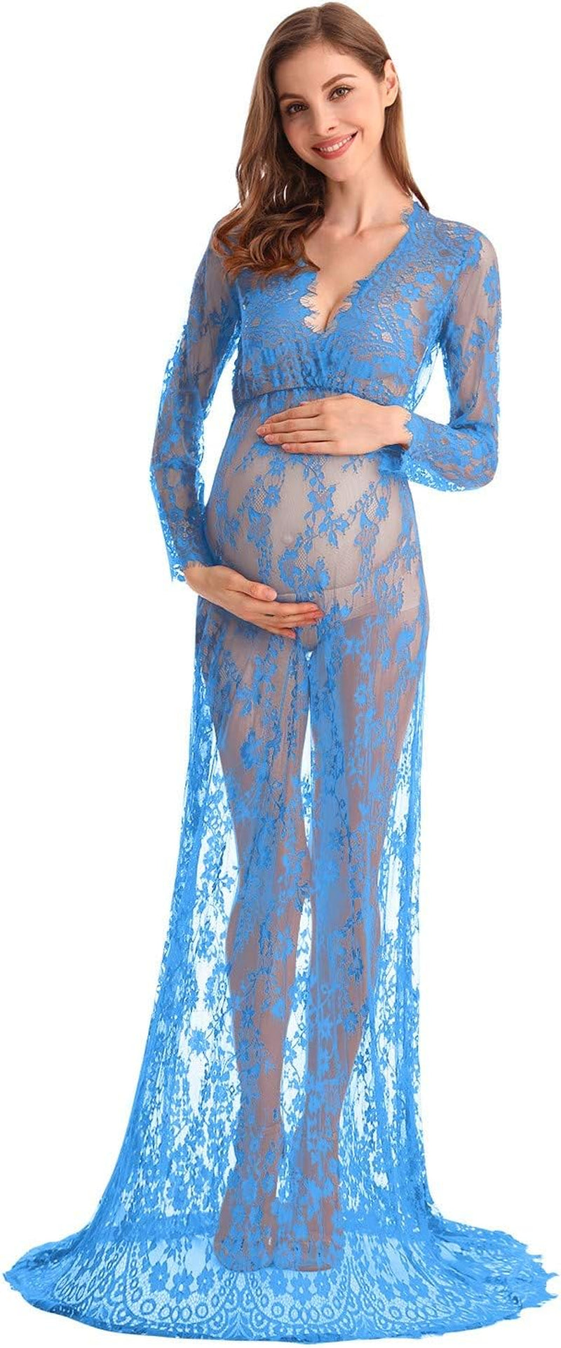 MYRISAM Boudoir Maternity Long Sleeve Lace Dress Women Deep V-Neck Wedding Party Long Dress Milk Bath Photoshoot Gown