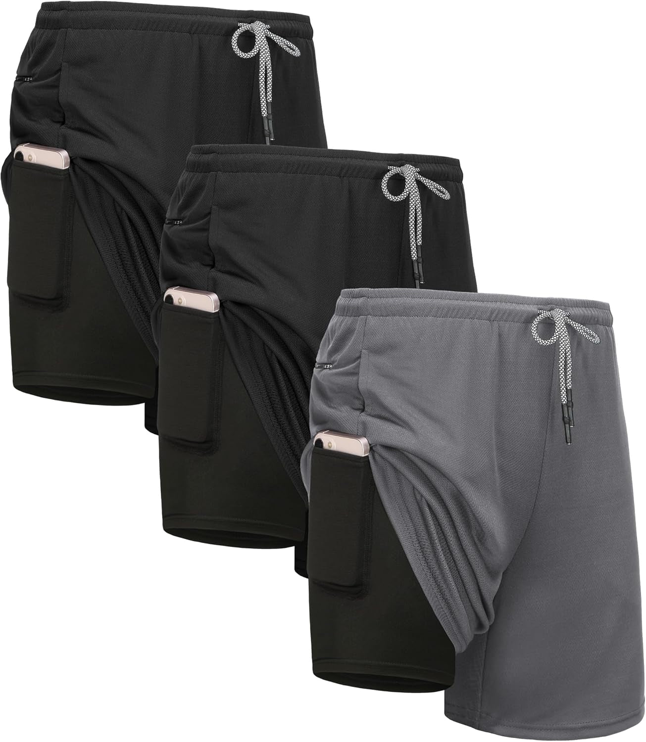 Side view showing stretch and breathable fabric of gym shorts