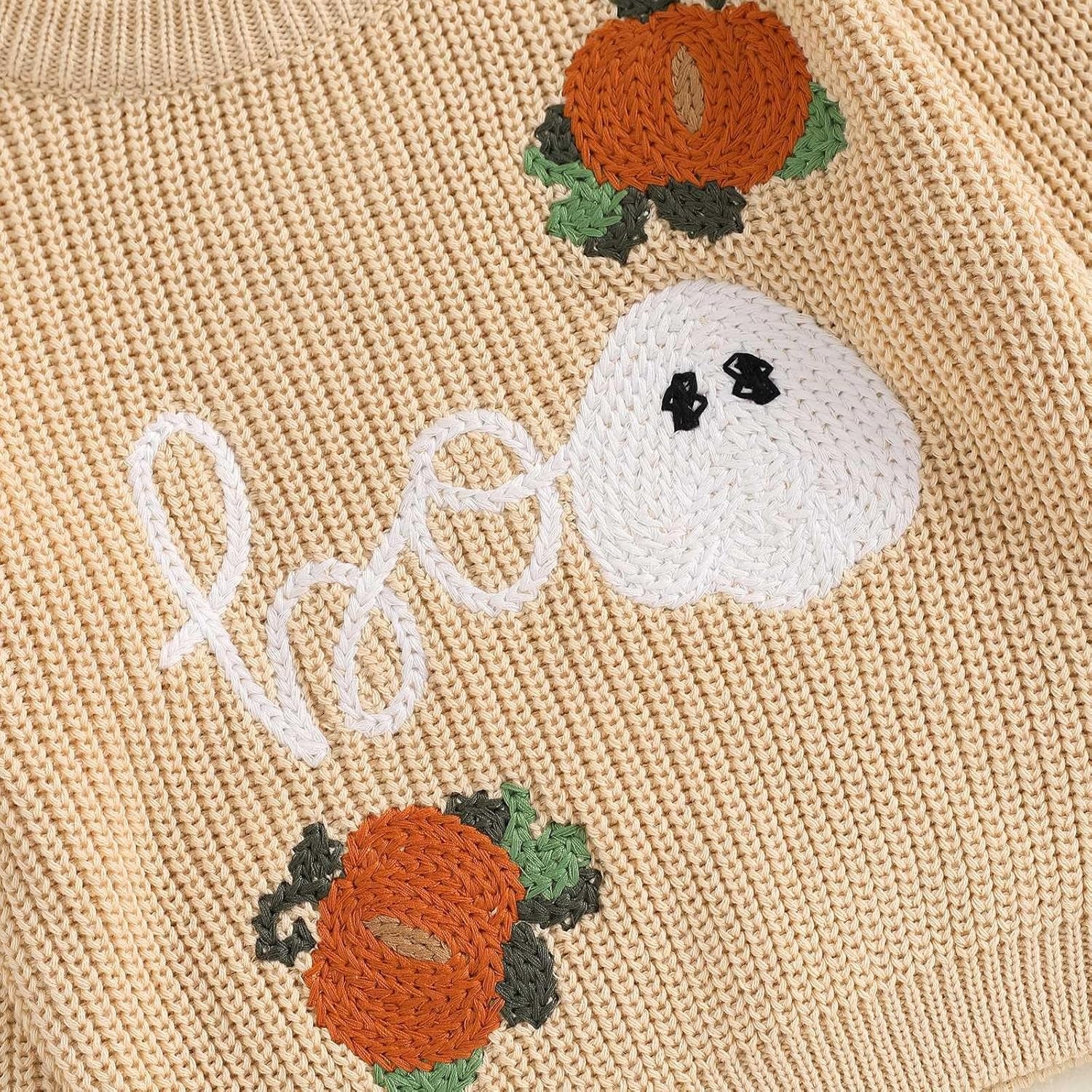 Baby Halloween Sweater Pumpkin Print Long Sleeve Crewneck Embroidery Knit Sweatshirt Toddler Fall Winter Pullover