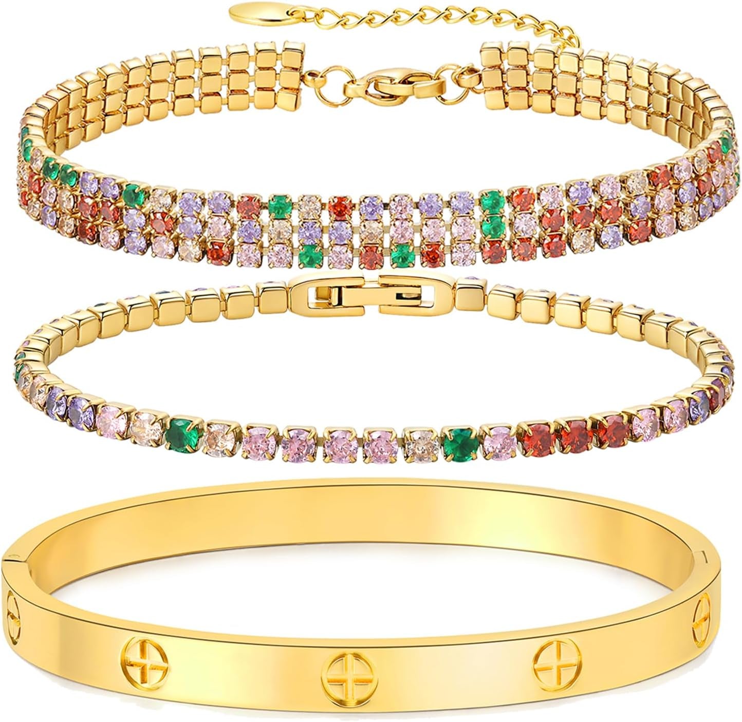 18K Gold Plated Love Bangle Bracelet Set Cubic Zirconia Classic Stainless Steel Adjustable CZ Gold,Silvery,Colorful CZ Love Bracelets Stack for Women