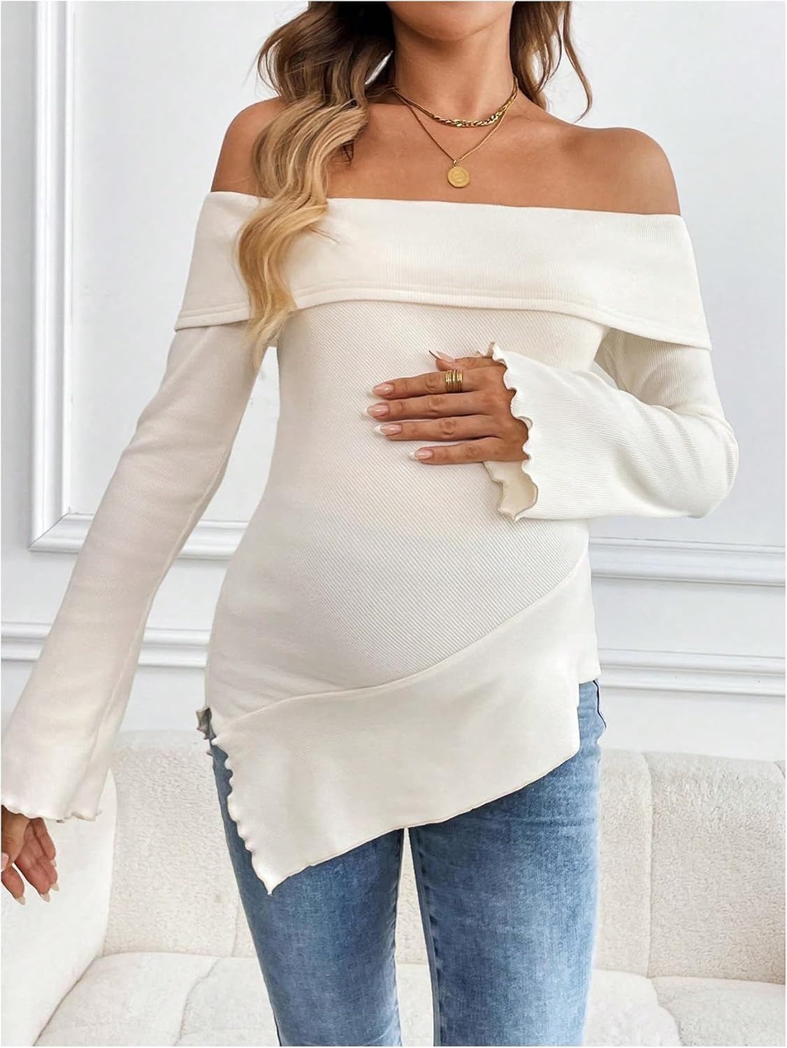 Makemechic Women'S Maternity Tops off Shoulder Lettuce Trim Flounce Sleeve Pregnancy Shirt