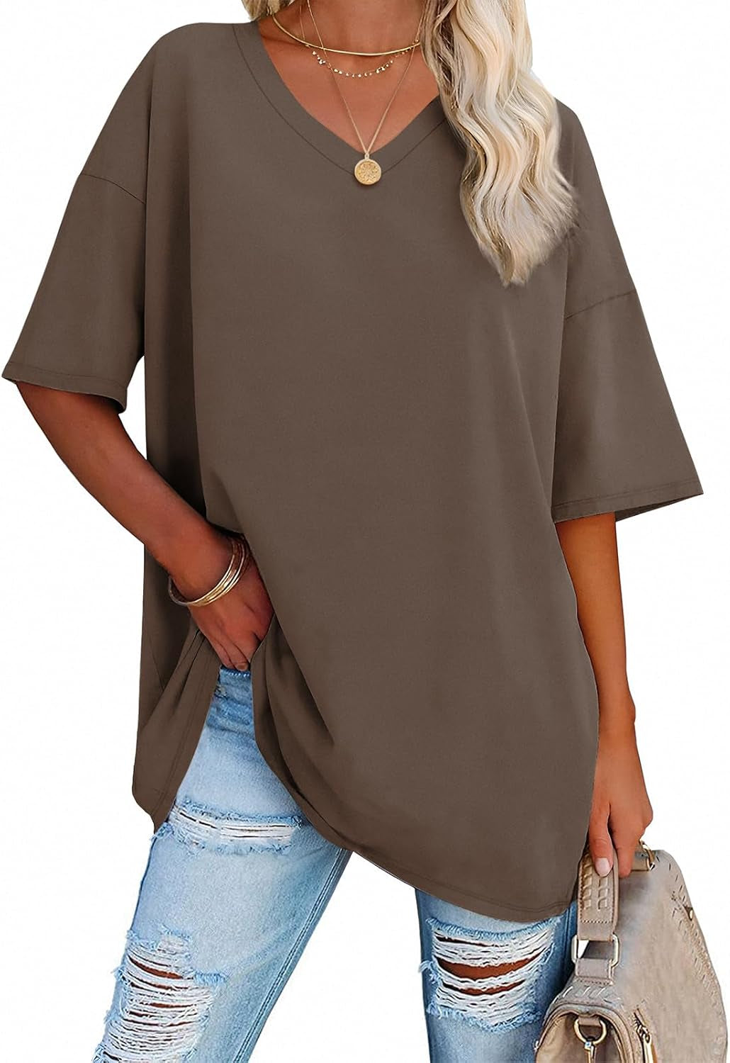 ATHMILE Womens Summer Oversized Shirts V Neck Business Casual Workout Tops Beach Vacation 2025 Gym Clothes