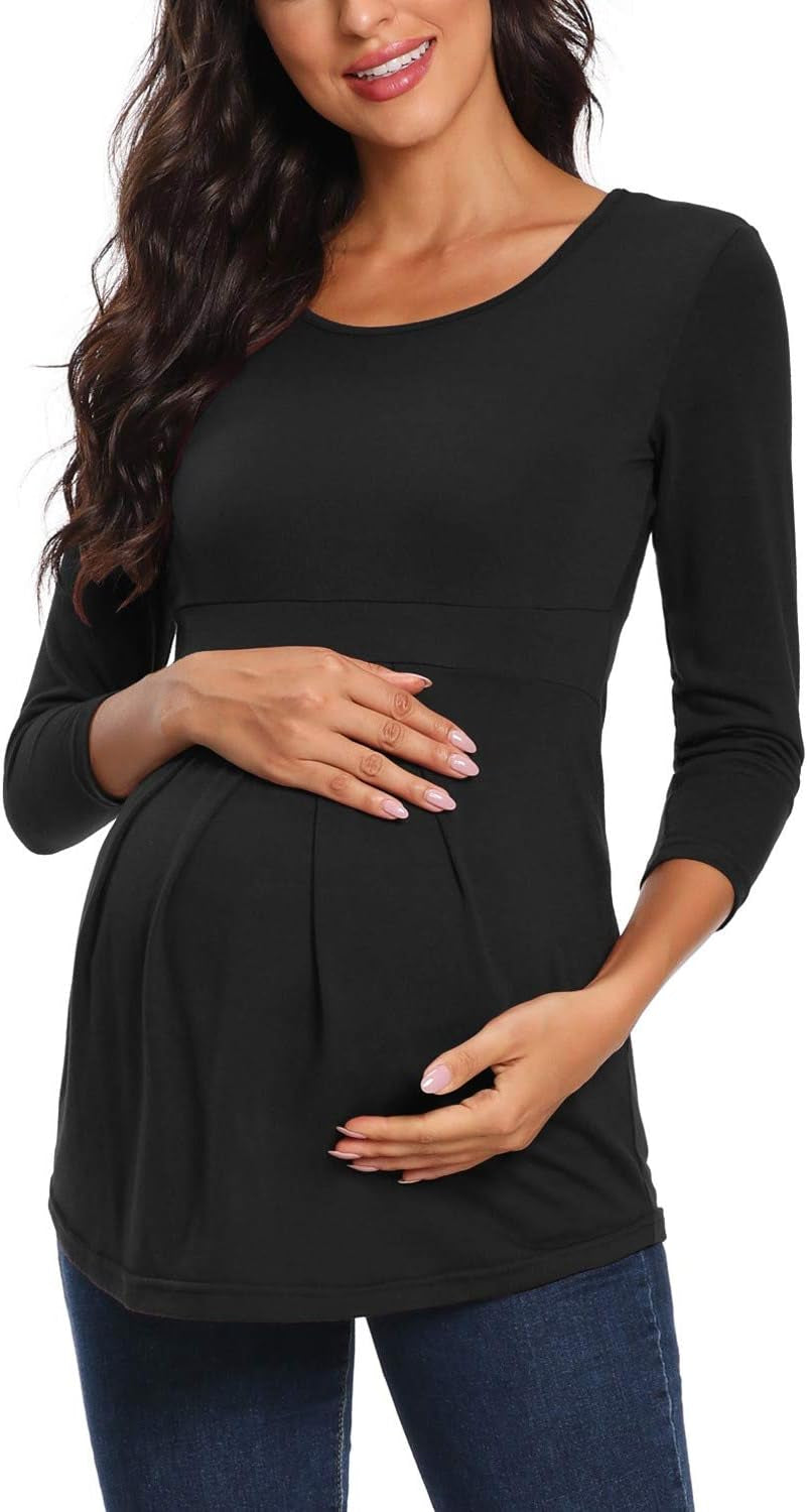 Glampunch Women'S Maternity Tops Short & 3/4 Sleeve round Neck Front Pleat Peplum Tunic Top Pregnancy Shirts