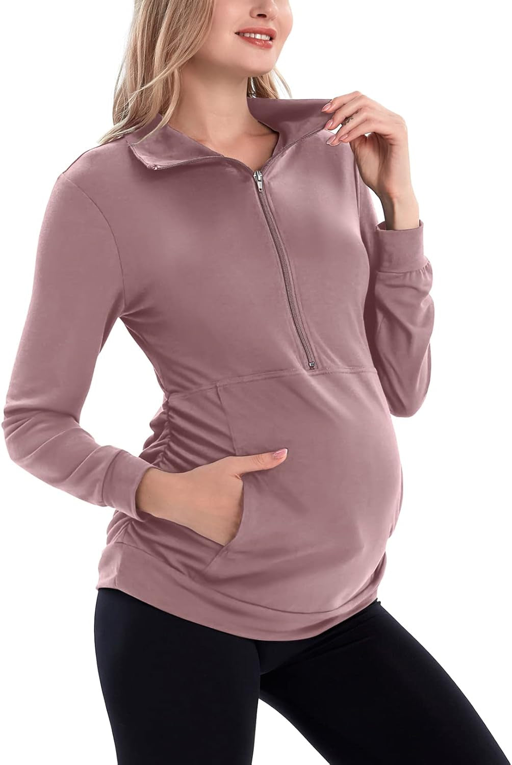 GINKANA Maternity Women'S Long Sleeve Shirt Half Zipper Lapel Lightweight Casual Maternity Pullover with Pockets