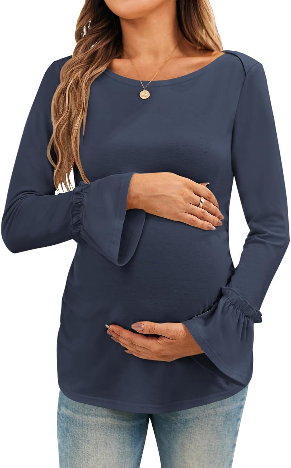 Women'S Maternity Shirts Bell Sleeve Pregnancy Tops Casual Boat Neck Maternity Clothes