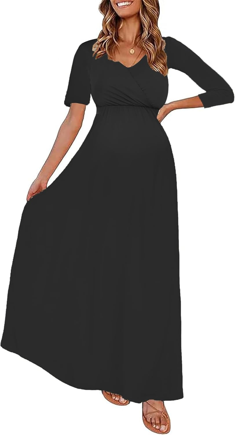 KIM S Maternity Maxi Dress with Flower Sash(S-3Xl)/Wrapped Ruched V Neck Photoshoot Baby Shower Dresses