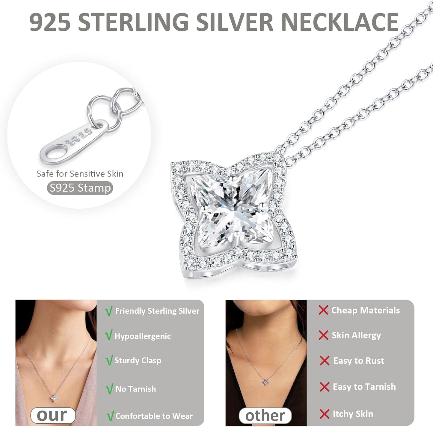 SUNFEEL Four Leaf Clover Necklace for Women, S925 Sterling Silver Cubic Zirconia Pendant Necklace Dainty Charm Adjustable Chain Lucky Necklaces for Women Jewelry Gift