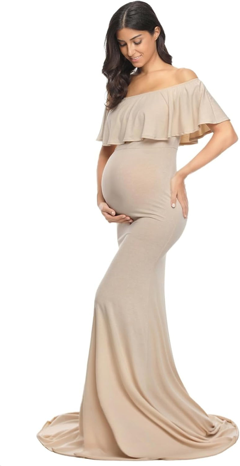 Glampunch Womens off Shoulder Maternity Dress Ruffles Elegant Slim Gowns Fit Maxi Photography Dress