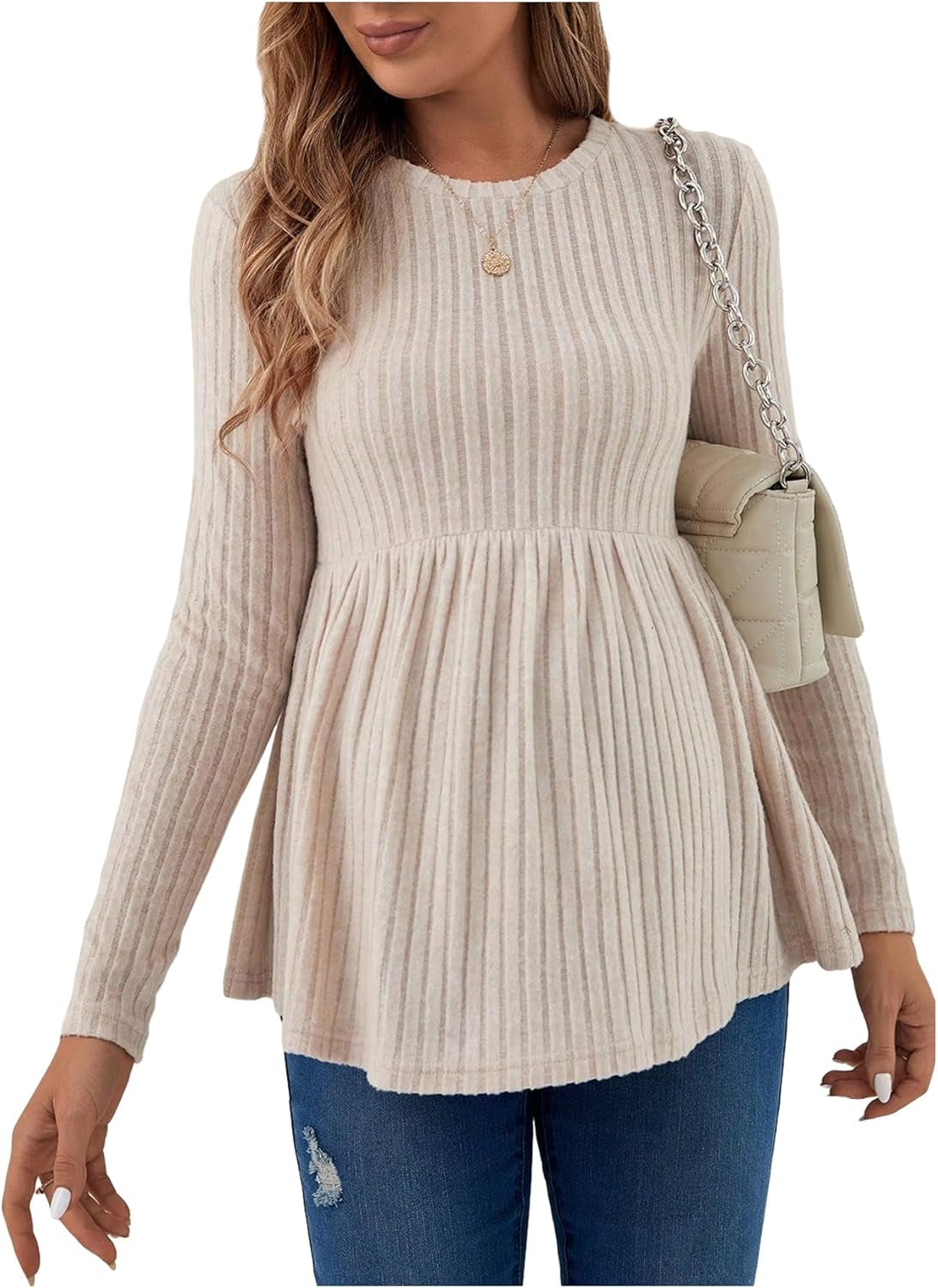 Women'S Maternity Tee Shirt Long Sleeve Ruffle Hem Shirts Ribbed Knit round Neck Peplum Pregnancy Tops Khaki Large
