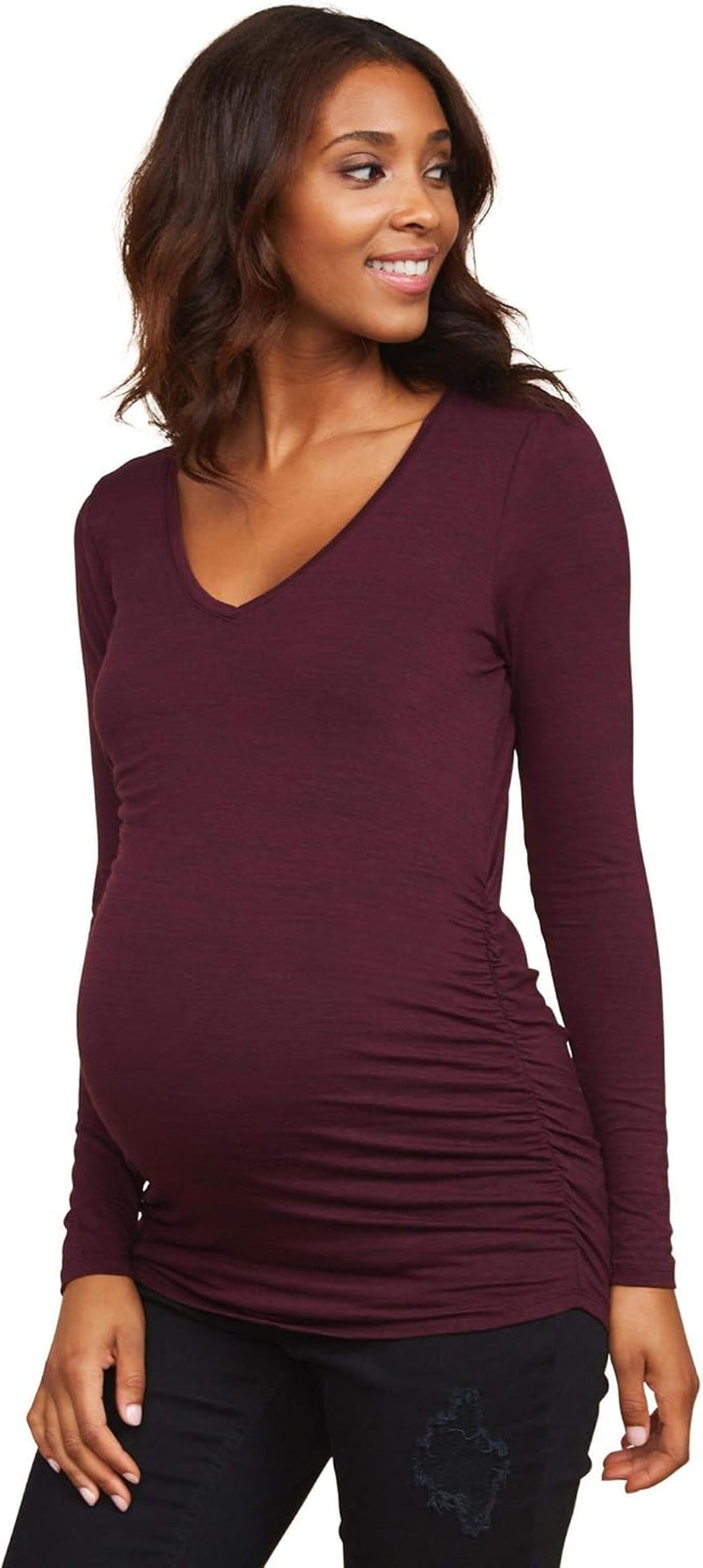 Motherhood Maternity Women'S Long Sleeve V-Neck Side Ruched Tee Shirt