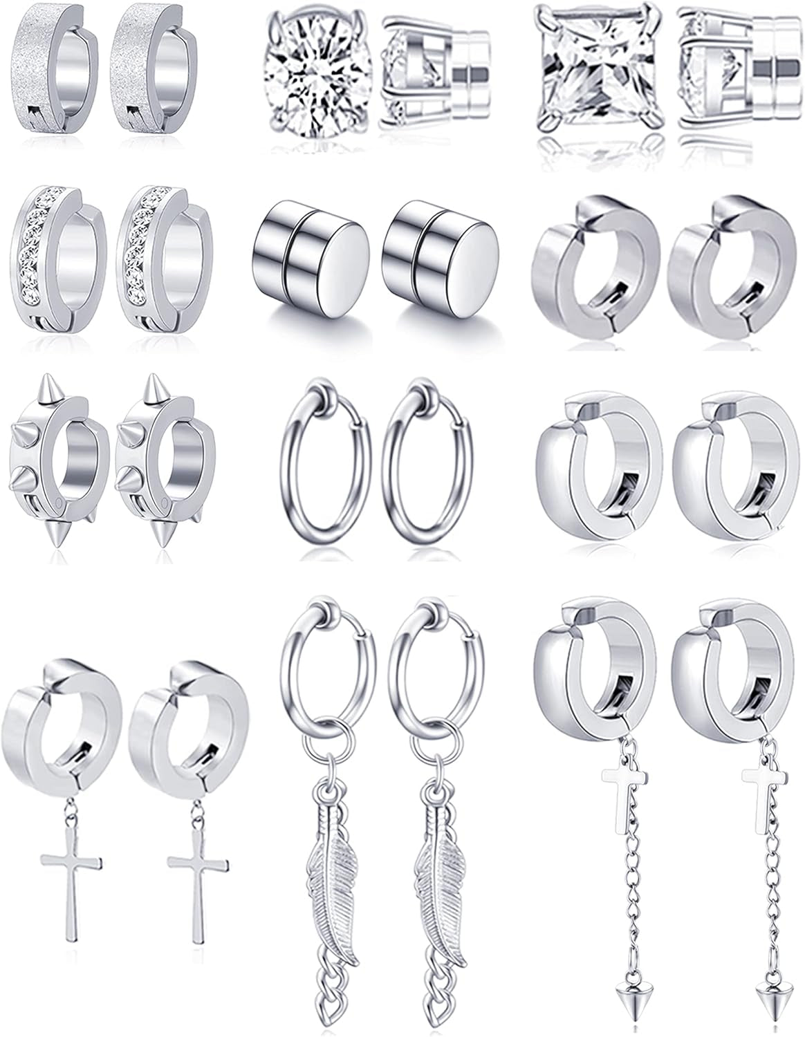 12 Pairs Magnetic Stud Earrings Stainless Steel CZ Hoop Punk Feather Dangle Hinged Non-Piercing Earrings Clip on Magnet Earring Set for Women Men Silver Plated